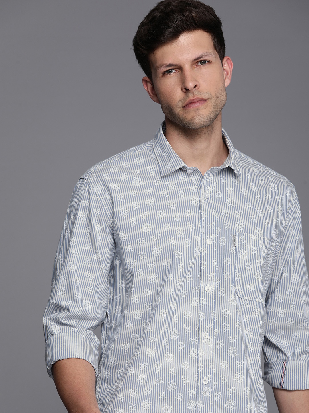 

Louis Philippe Jeans Slim Fit Striped Pure Cotton Casual Shirt, Blue