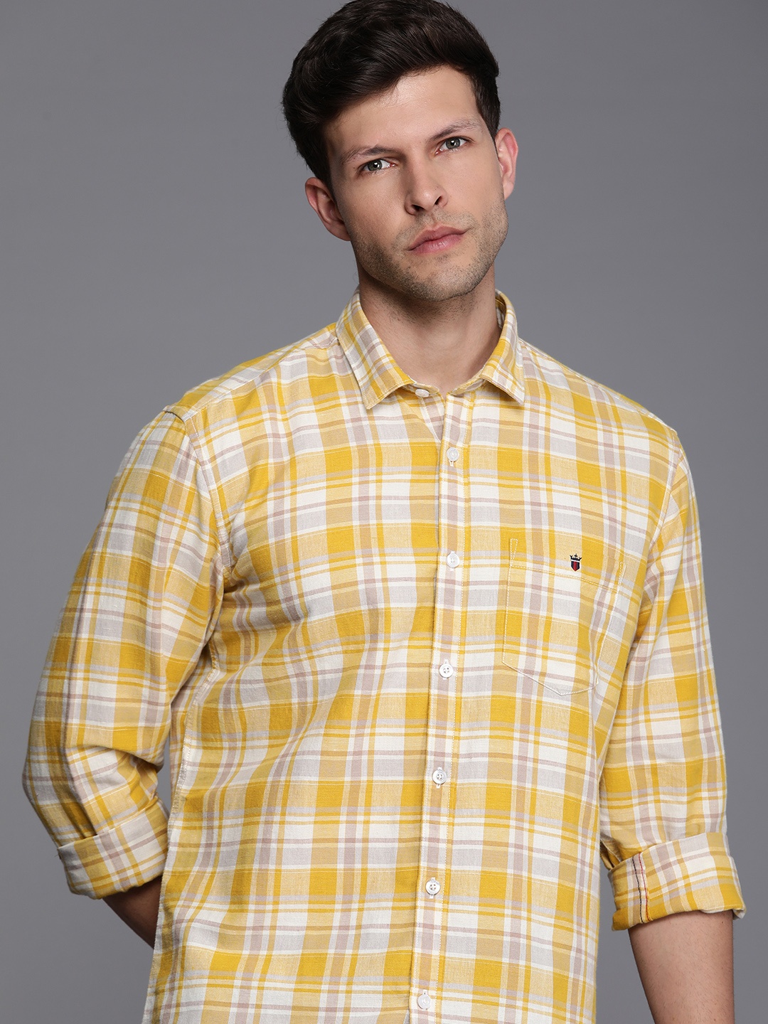 

Louis Philippe Jeans Slim Fit Checked Cotton Linen Casual Shirt, Yellow