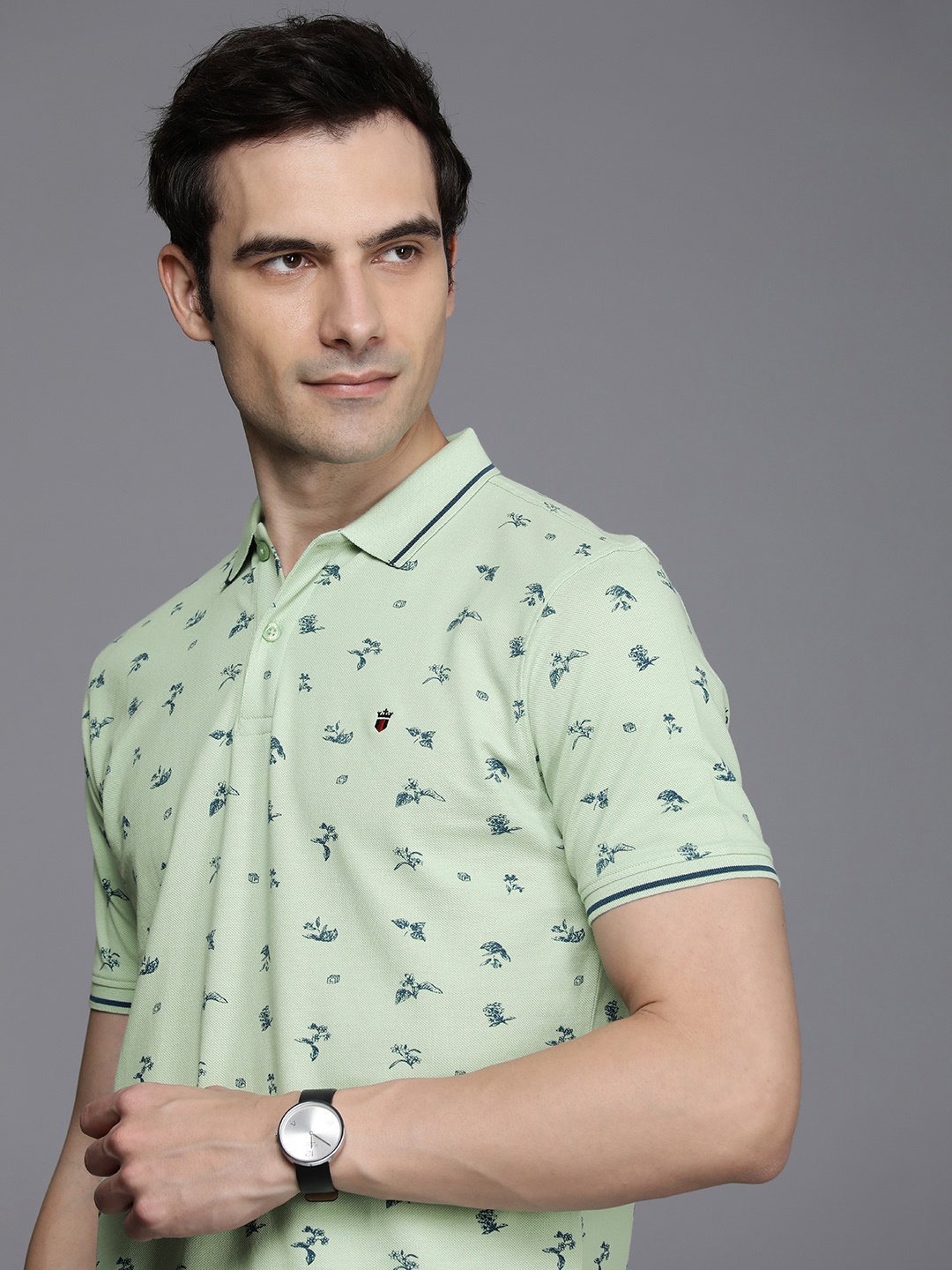 

Louis Philippe Jeans Floral Printed Polo Collar Pure Cotton Slim Fit T-shirt, Green
