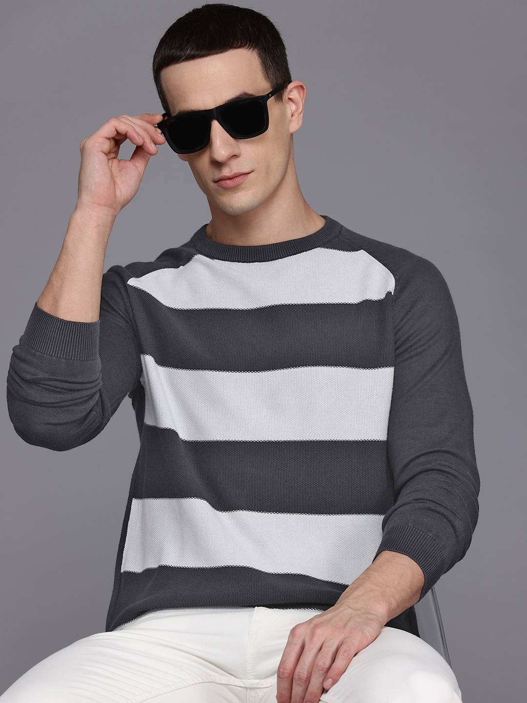 

Louis Philippe Jeans Pure Cotton Striped Pullover, Grey