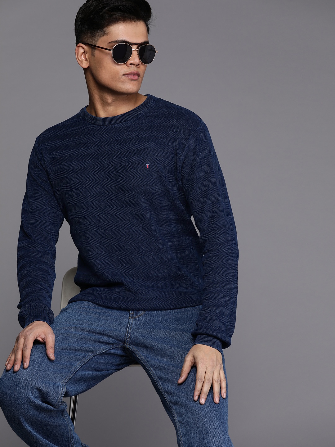 

Louis Philippe Jeans Self Design Pure Cotton Pullover, Navy blue