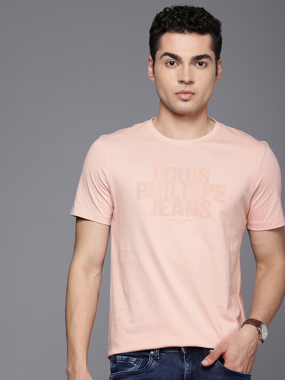 

Louis Philippe Jeans Brand Logo Printed Pure Cotton Slim Fit T-shirt, Pink