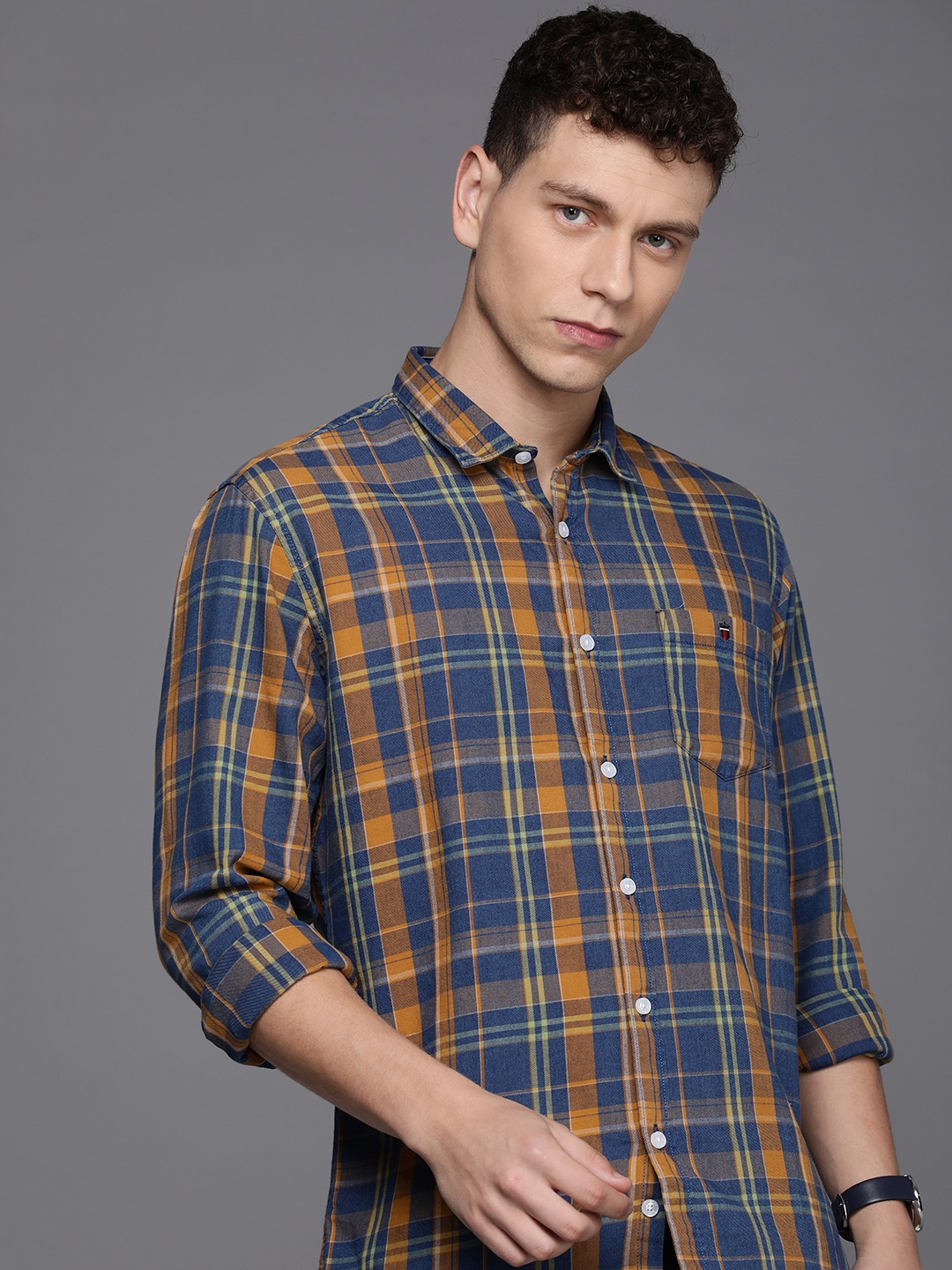 

Louis Philippe Jeans Pure Cotton Slim Fit Tartan Checked Casual Shirt, Navy blue