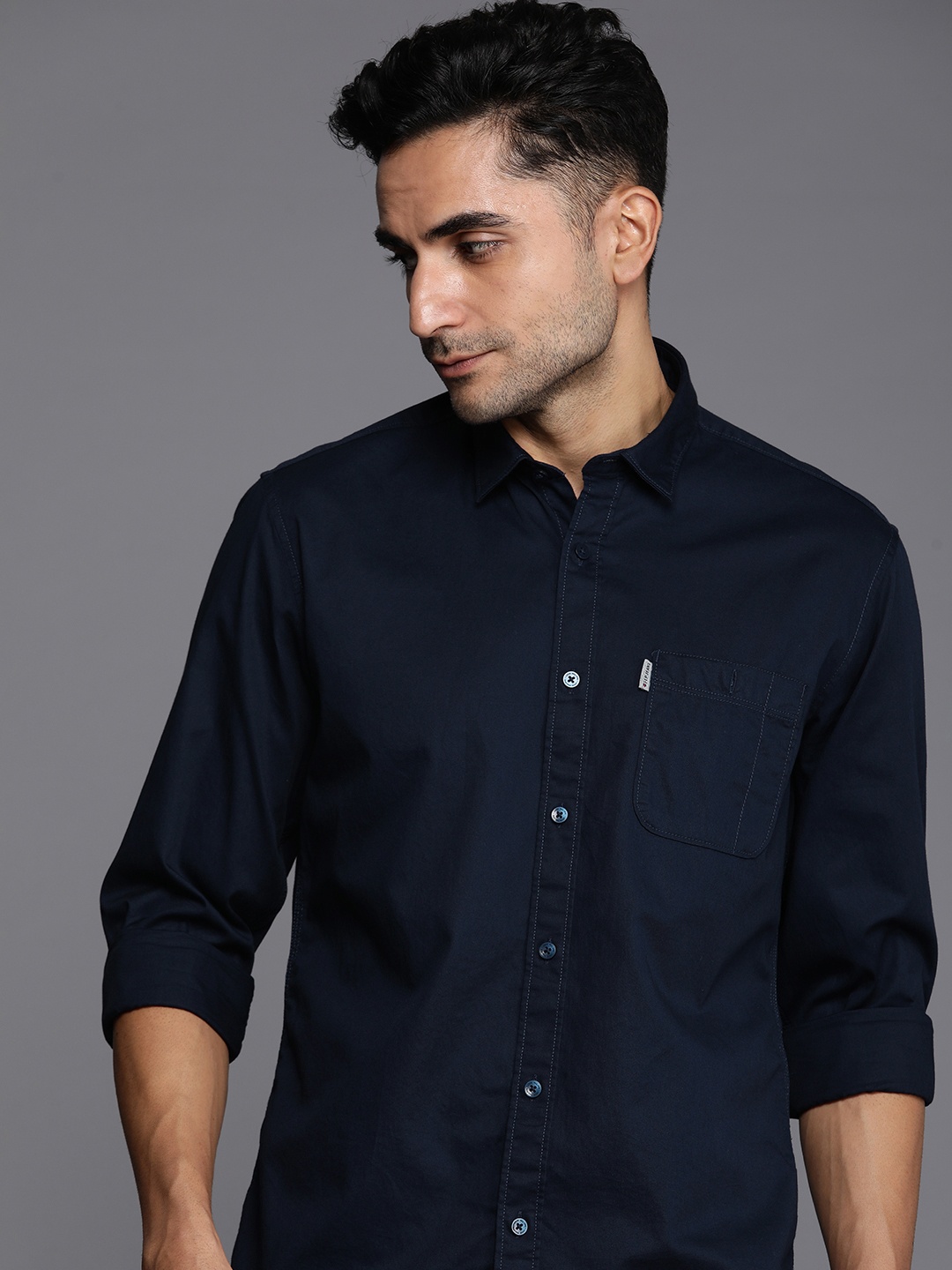 

Louis Philippe Jeans Men Slim Fit Solid Opaque Pure Cotton Casual Shirt, Navy blue
