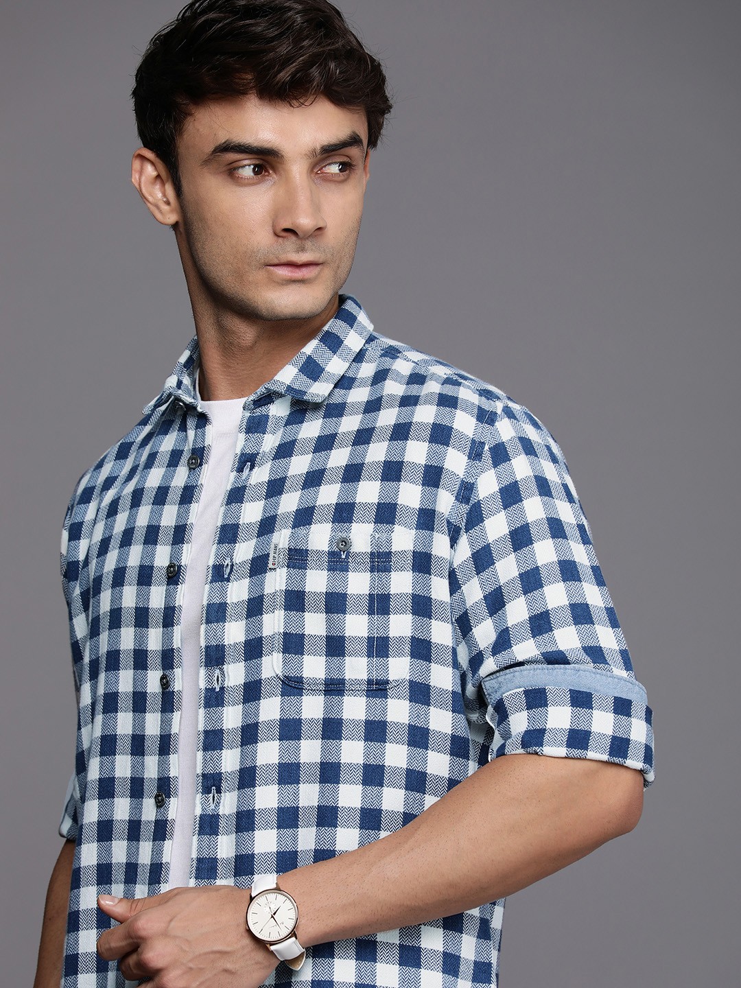 

Louis Philippe Jeans Pure Cotton Super Slim Fit Opaque Checked Casual Shirt, Navy blue