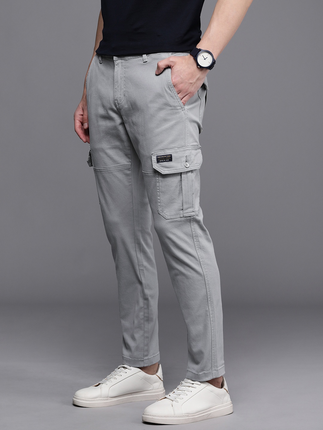

Louis Philippe Jeans Men Comfort Tapered Fit Low-Rise Cargos Trousers, Grey