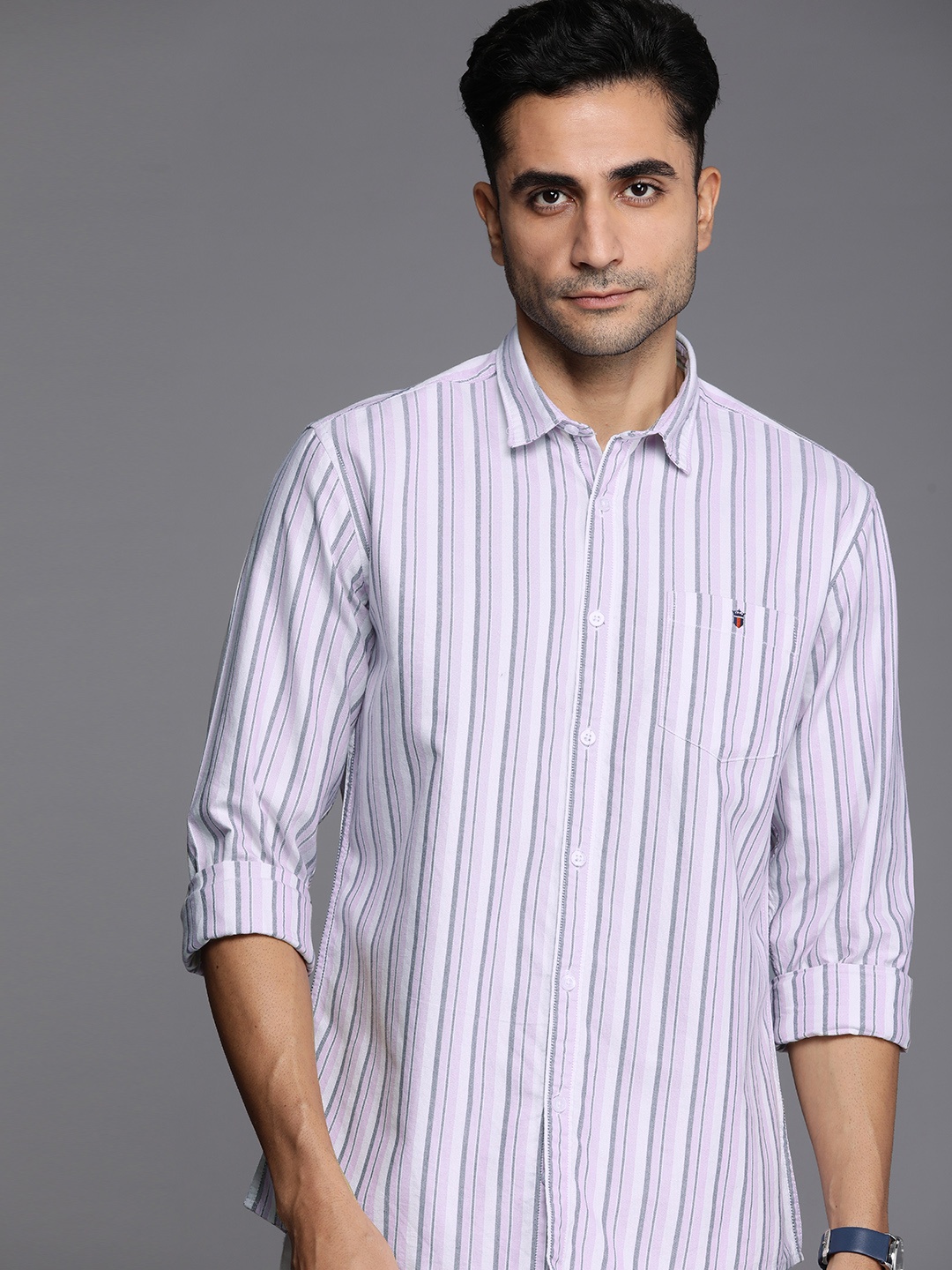 

Louis Philippe Jeans Slim Fit Striped Pure Cotton Casual Shirt, Lavender