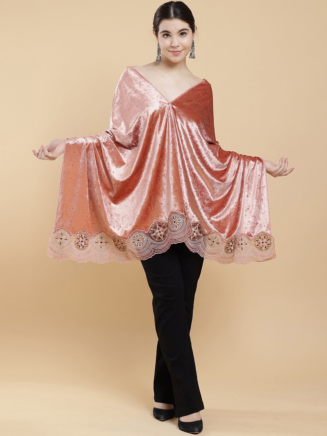 

Moda Chales Embellished Velvet Shawl, Peach