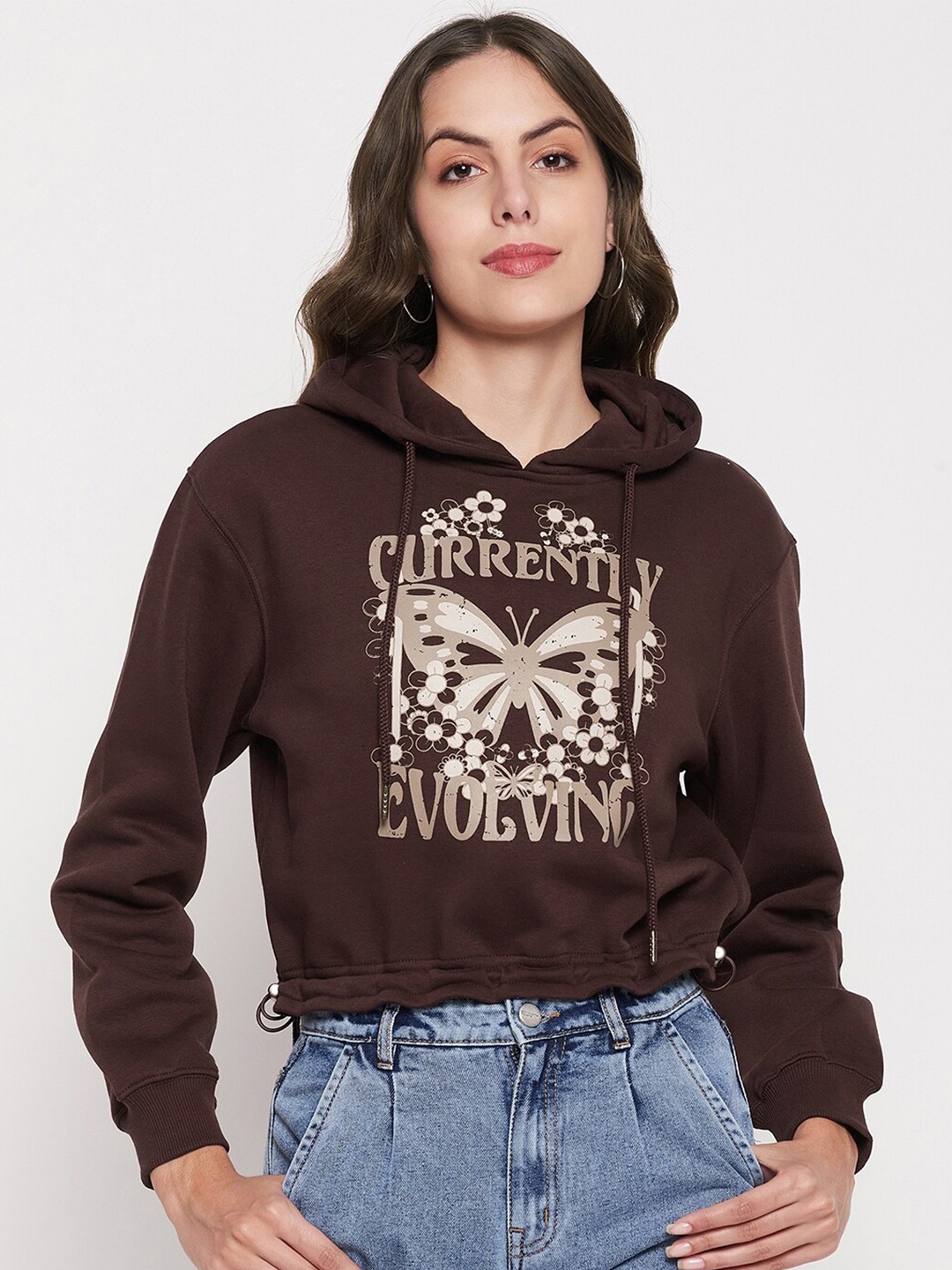 

Madame Typography Printed Long Sleeves Hooded Pure Cotton Cropped Pullover, Brown
