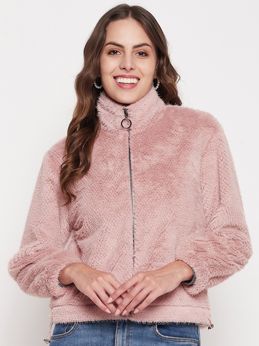 

Madame Self Design High Neck Pure Cotton Front-Open Sweatshirt, Pink