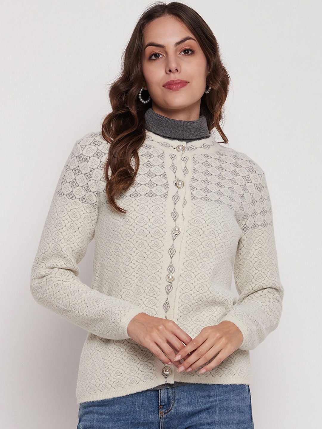 

Madame Self Designed Round Neck Acrylic Cardigan, Off white