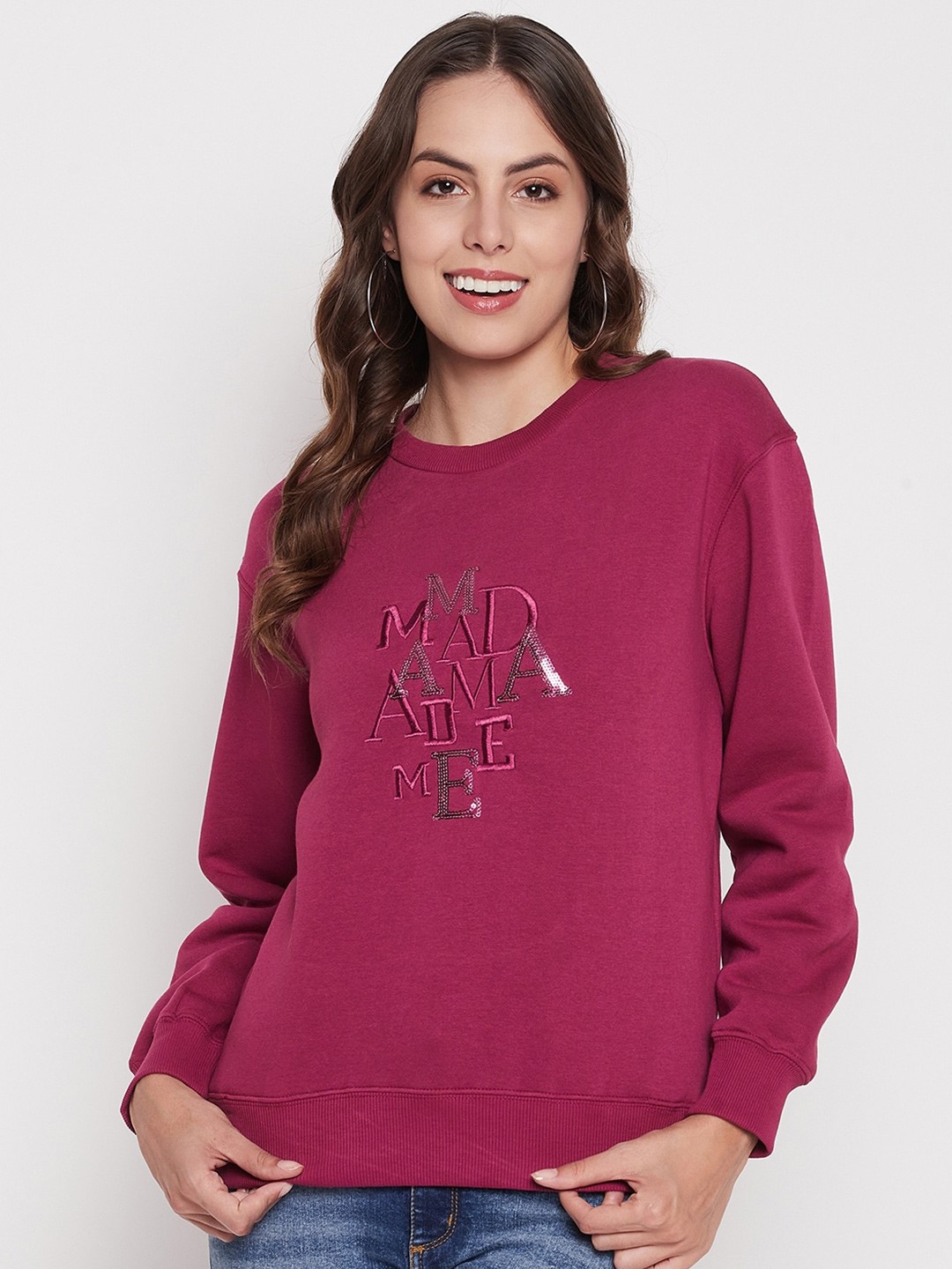 

Madame Typography Embroidered Pure Cotton Pullover Sweatshirt, Purple