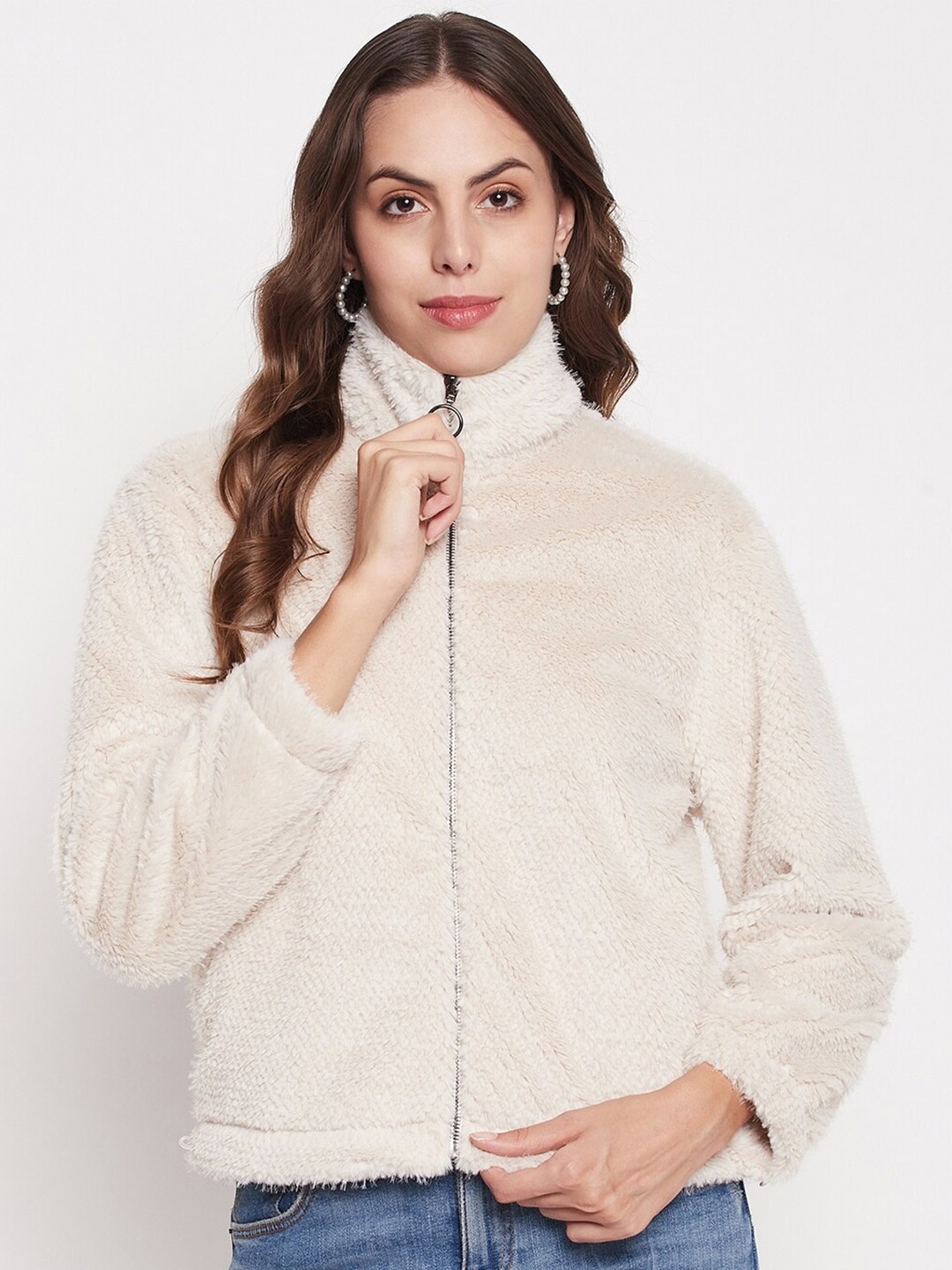 

Madame Mock Collar Pure Cotton Front-Open Sweatshirt, Off white