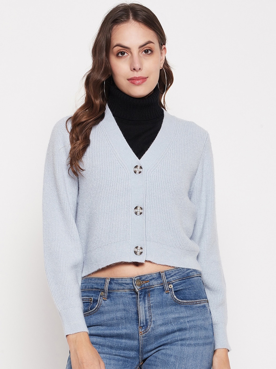 

Madame V-Neck Long Sleeves Acrylic Cardigan, Blue