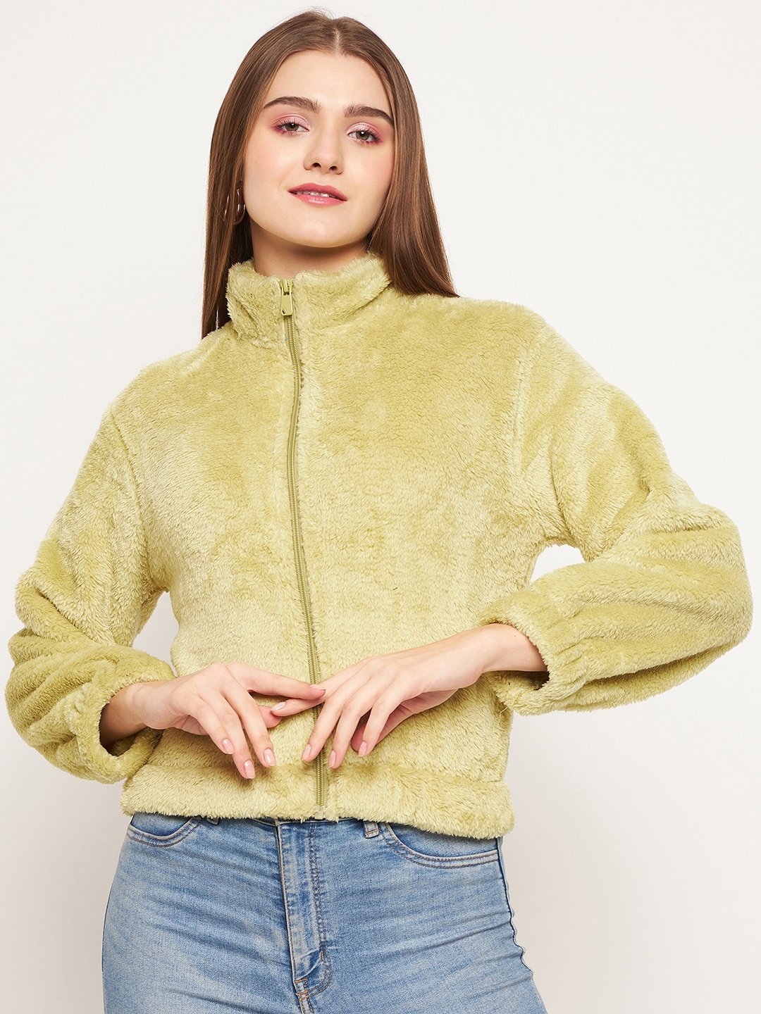 

Madame Self Design High Neck Pure Cotton Front-Open Sweatshirt, Green