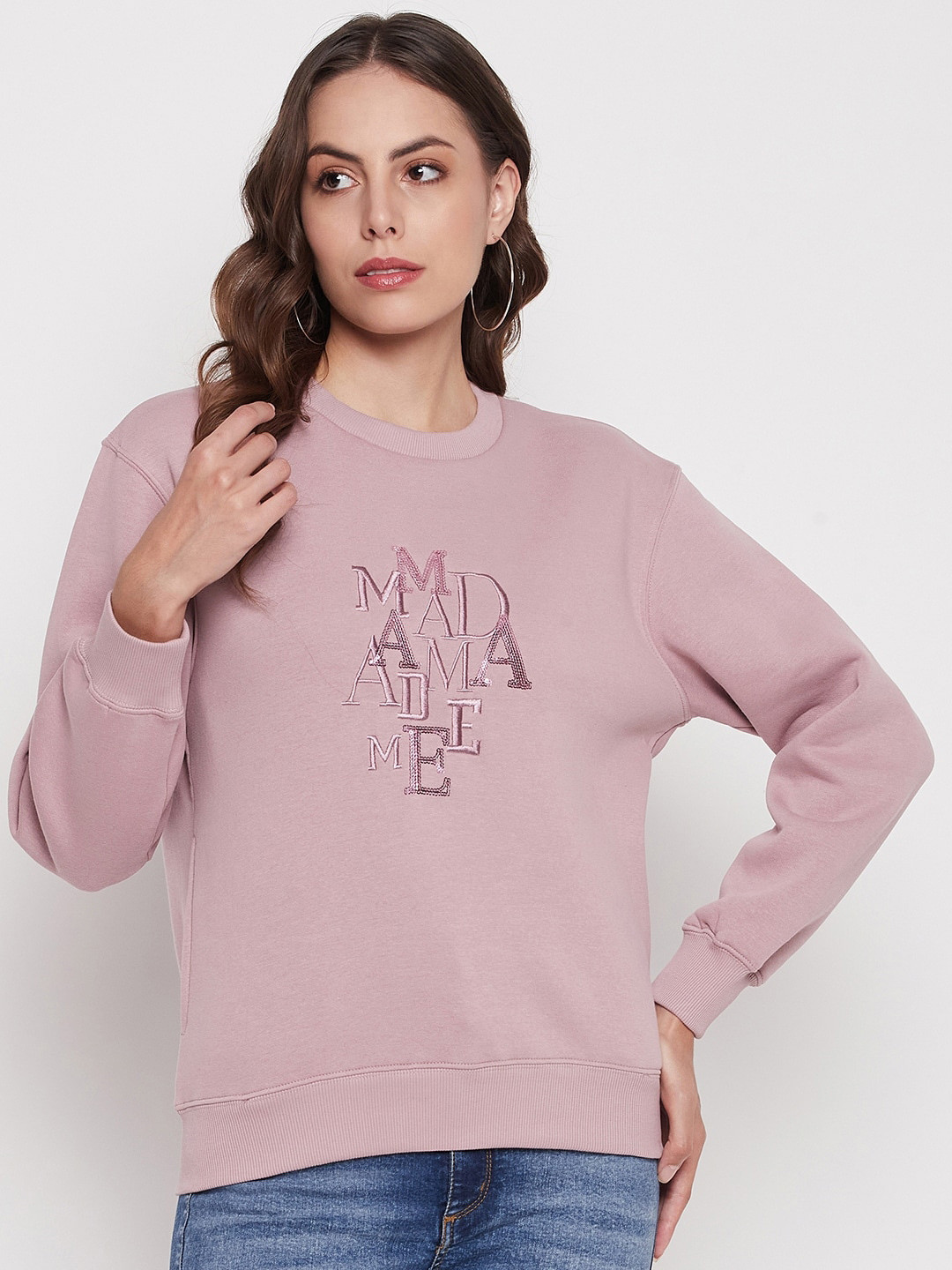 

Madame Typography Embroidered Pure Cotton Pullover Sweatshirt, Pink