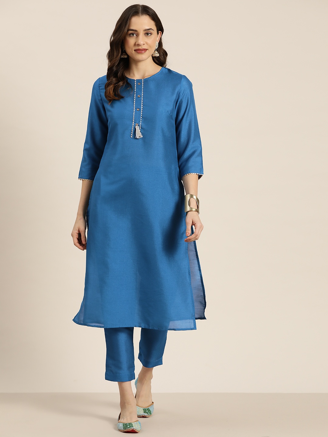 

HERE&NOW Women Regular Gotta Patti Kurta with Trousers, Blue