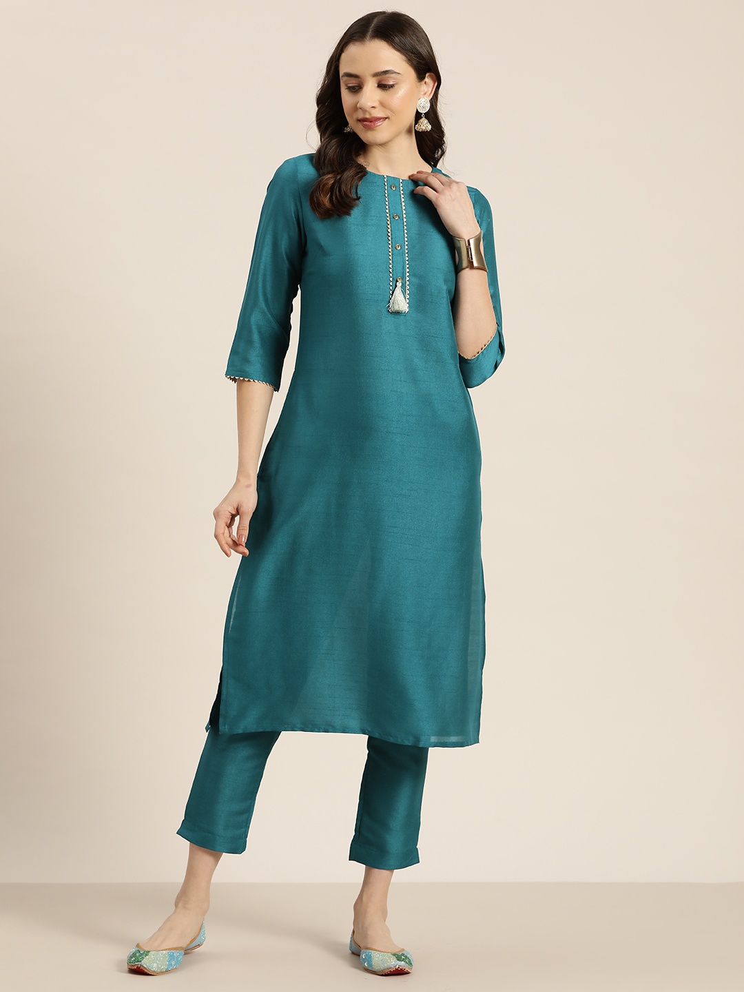 

HERE&NOW Women Regular Gotta Patti Kurta with Trousers, Teal