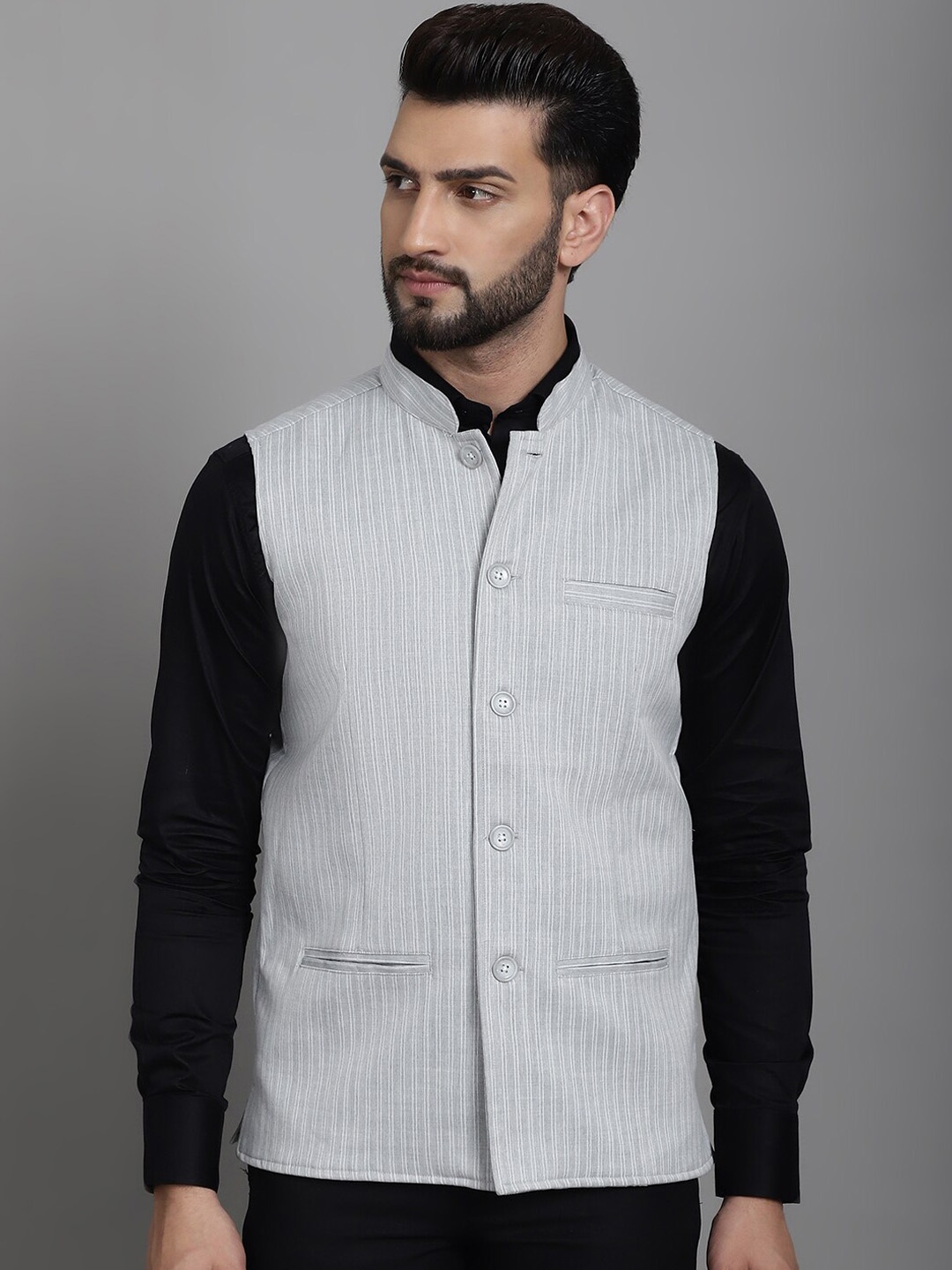

even Striped Mandarin Collar Nehru Jacket, Grey