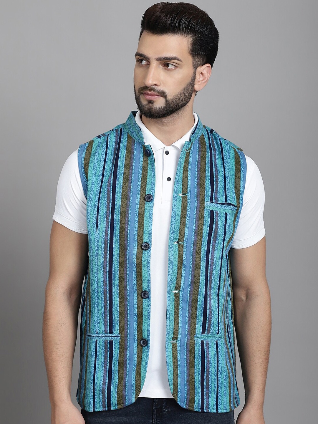 

even Striped Mandarin Collar Nehru Jacket, Blue