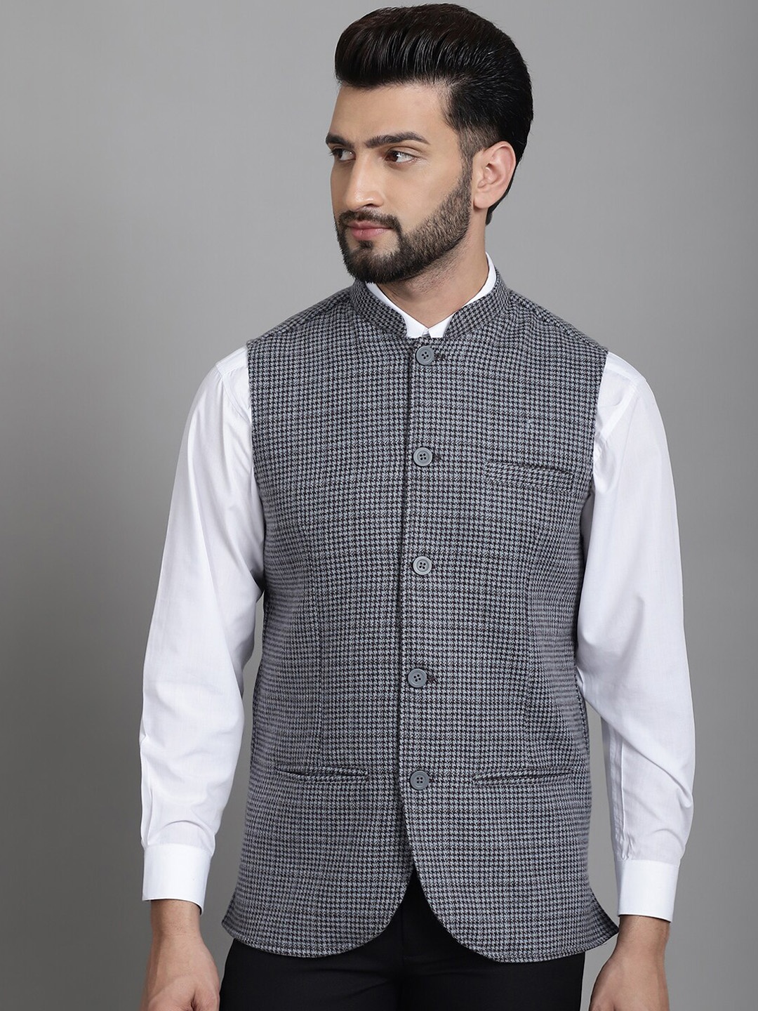 

even Printed Woolen Nehru Jacket, Grey