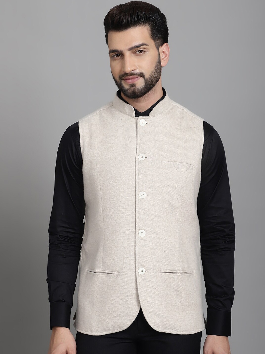 

even Woven-Design Woolen Nehru Jacket, Off white