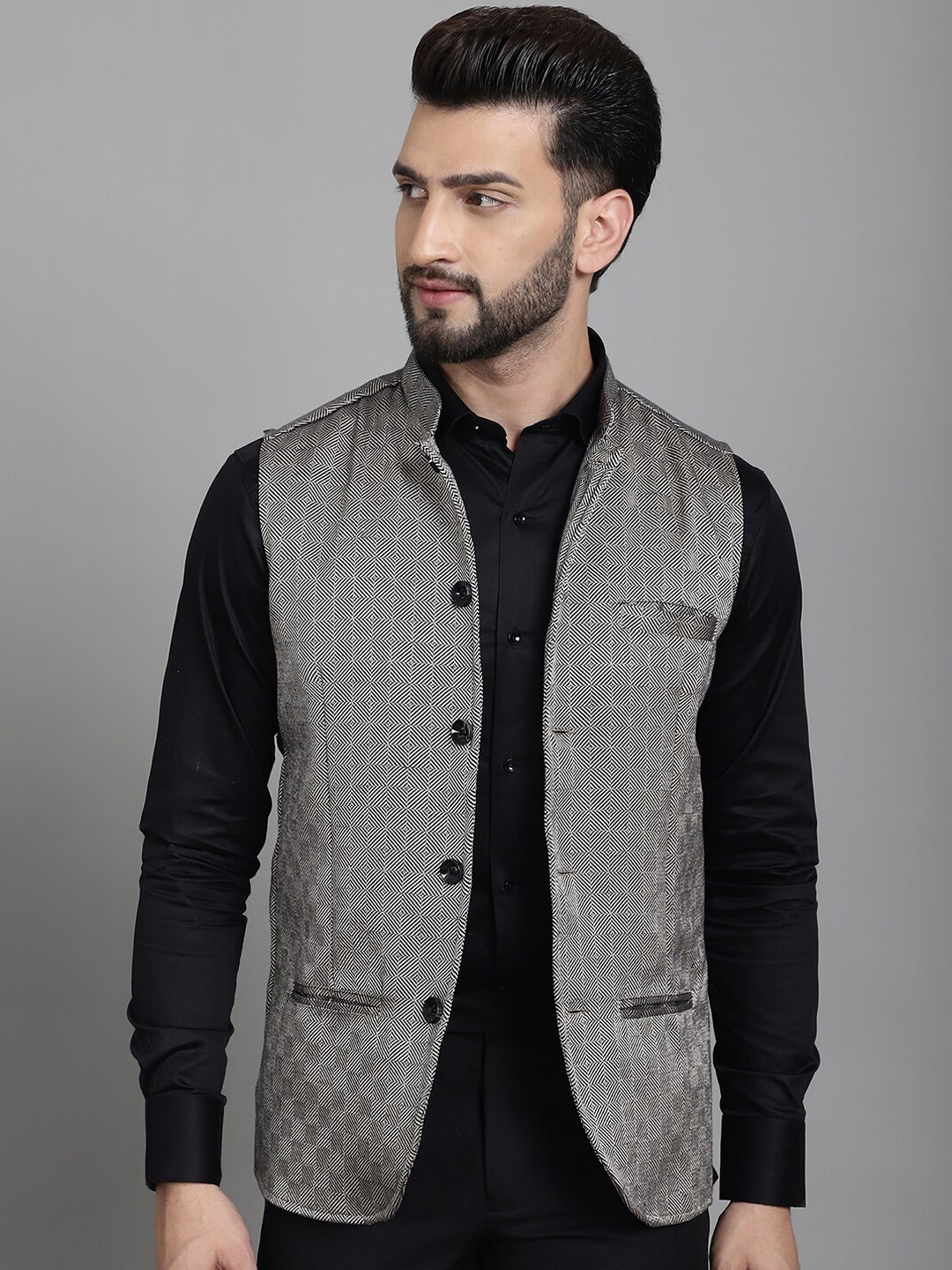 even Printed Mandarin Collar Nehru Jacket, Grey