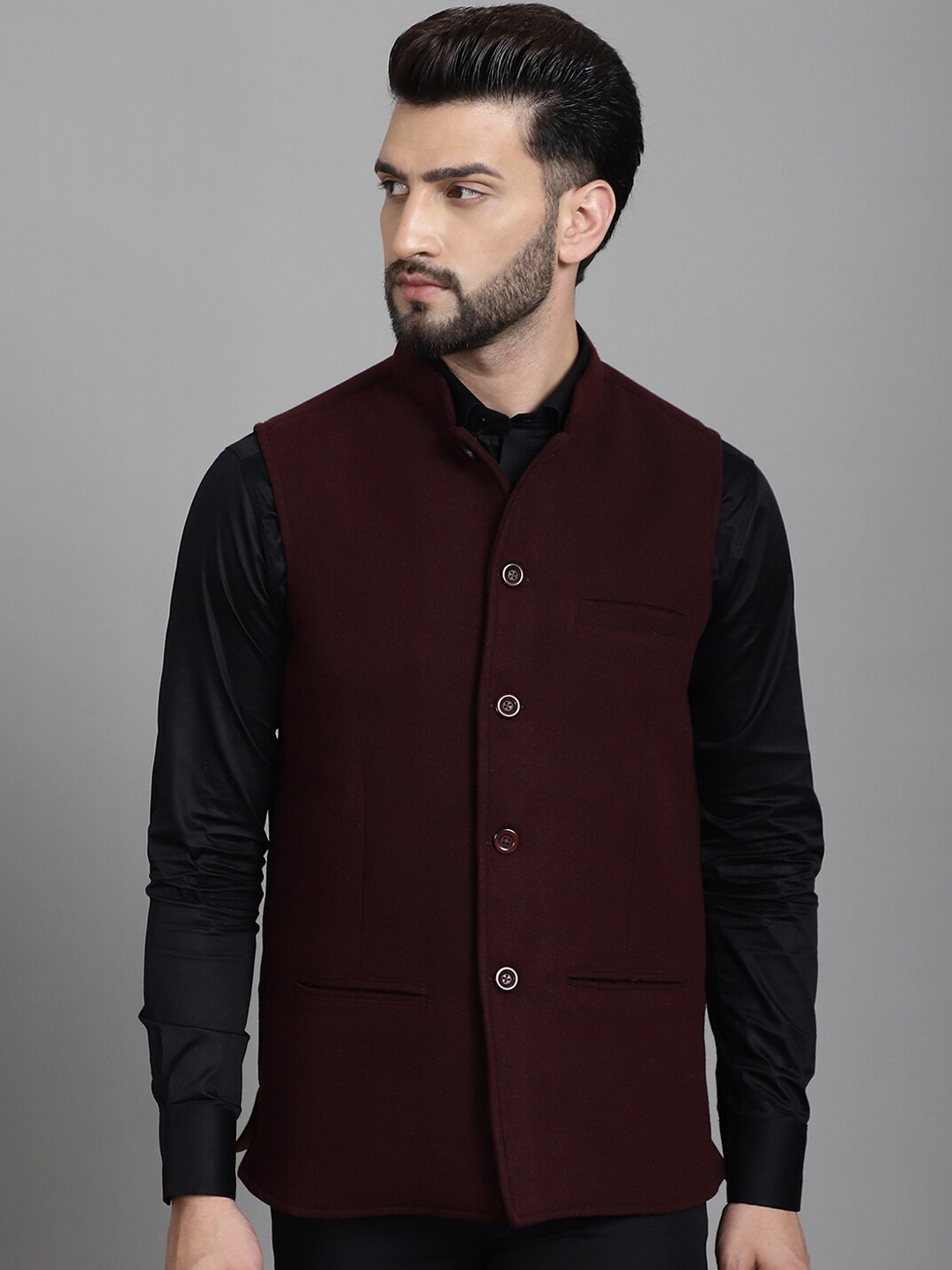 

even Mandarin collar Sleeveless Nehru Jacket, Maroon