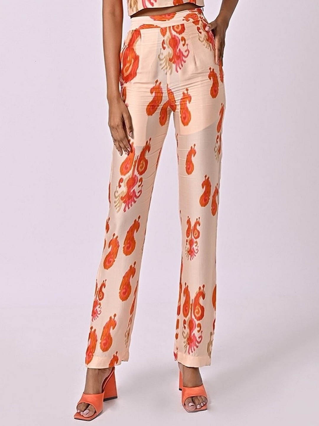 

MISSY Women Ethnic Motifs Printed Comfort High Rise Regular Trousers, Peach