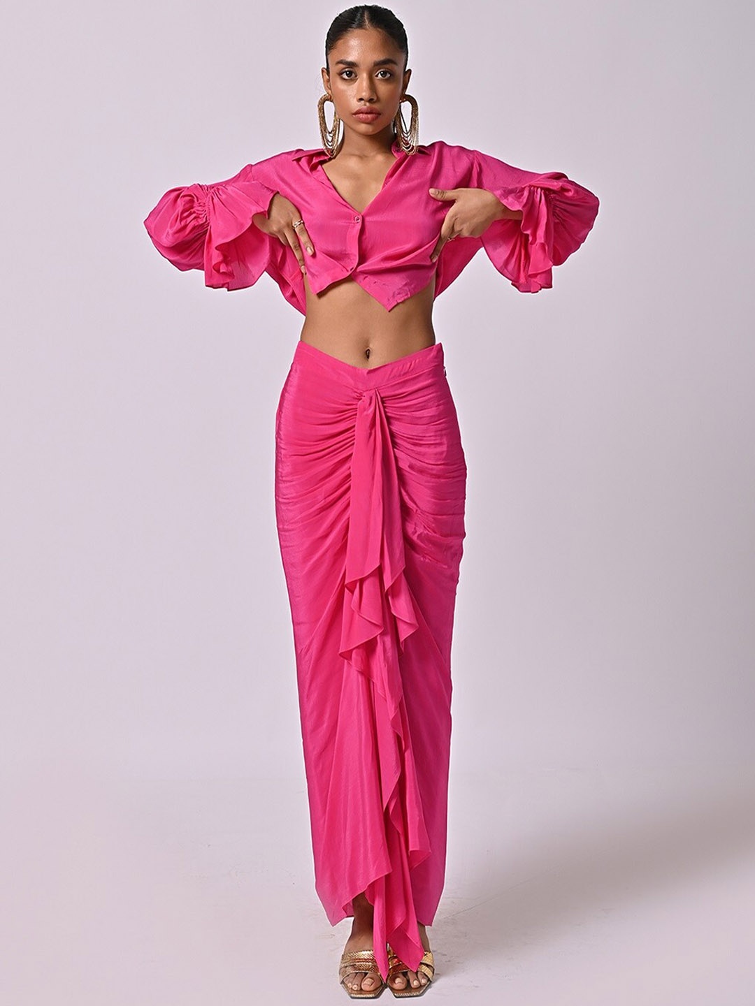 

MISSY Ruched Gathered Ruffles Flared Maxi Skirt, Pink