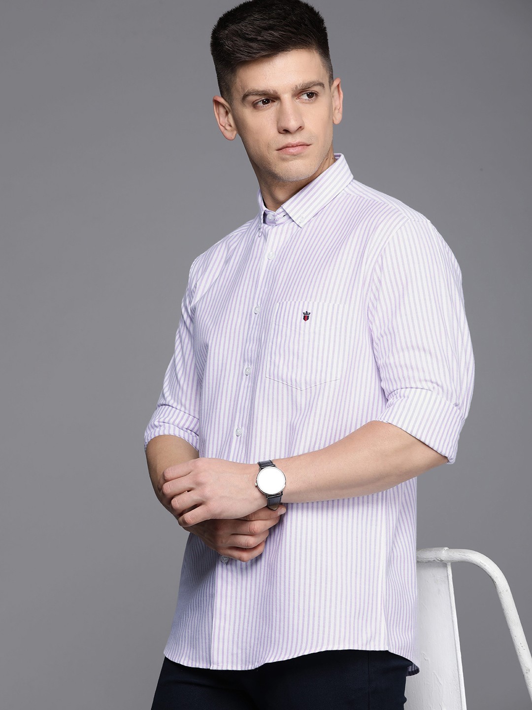 

Louis Philippe Sport Slim Fit Striped Pure Cotton Casual Shirt, Purple