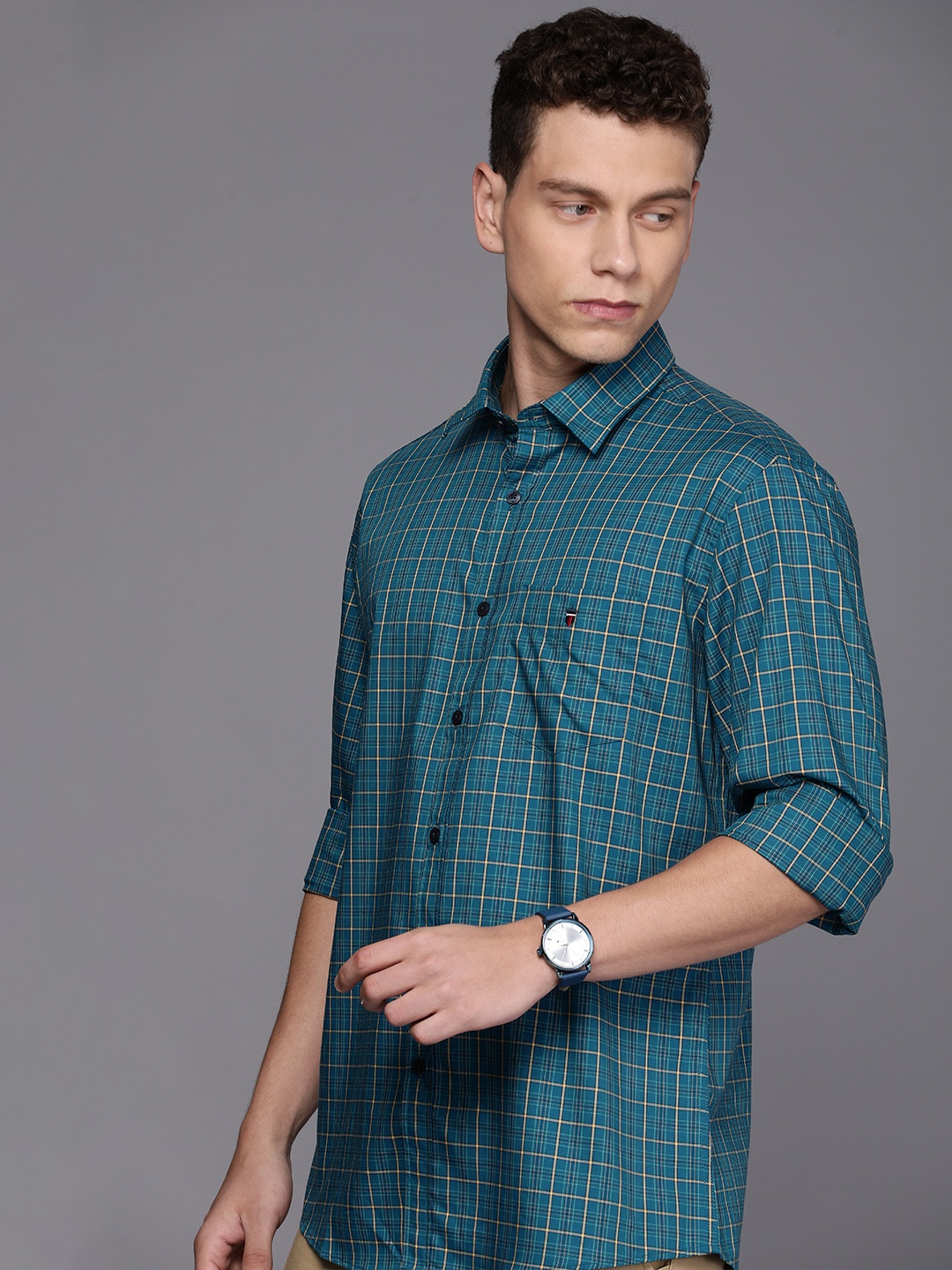 

Louis Philippe Sport Pure Cotton Slim Fit Checked Casual Shirt, Blue