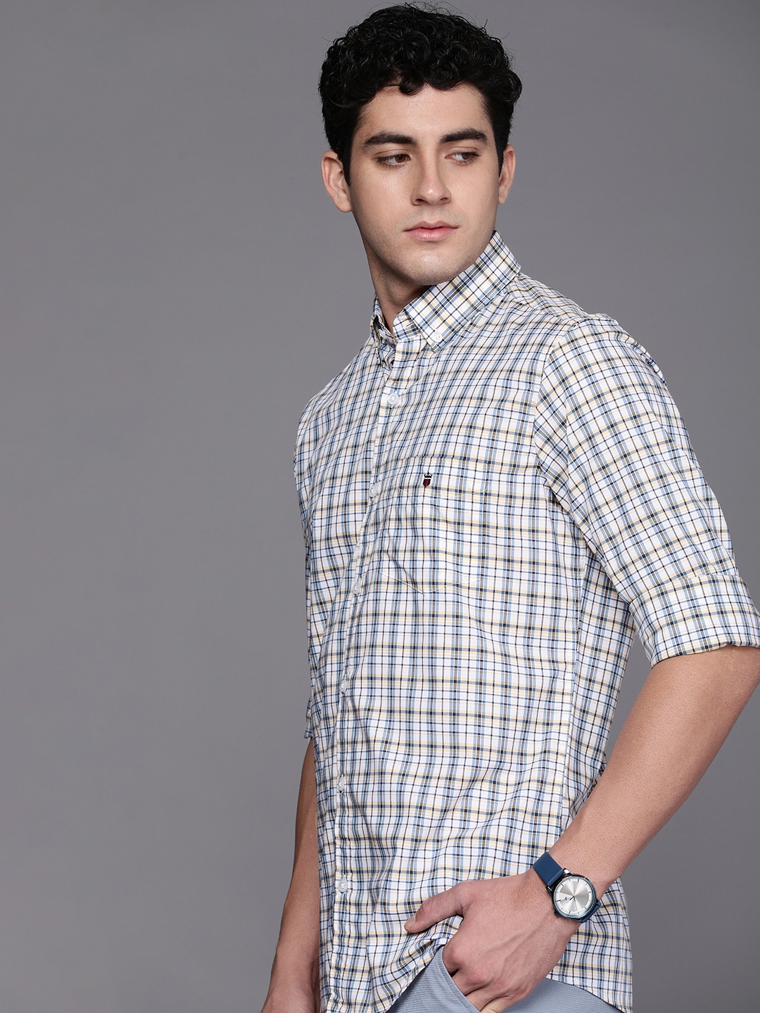 

Louis Philippe Sport Pure Cotton Slim Fit Checked Casual Shirt, Blue