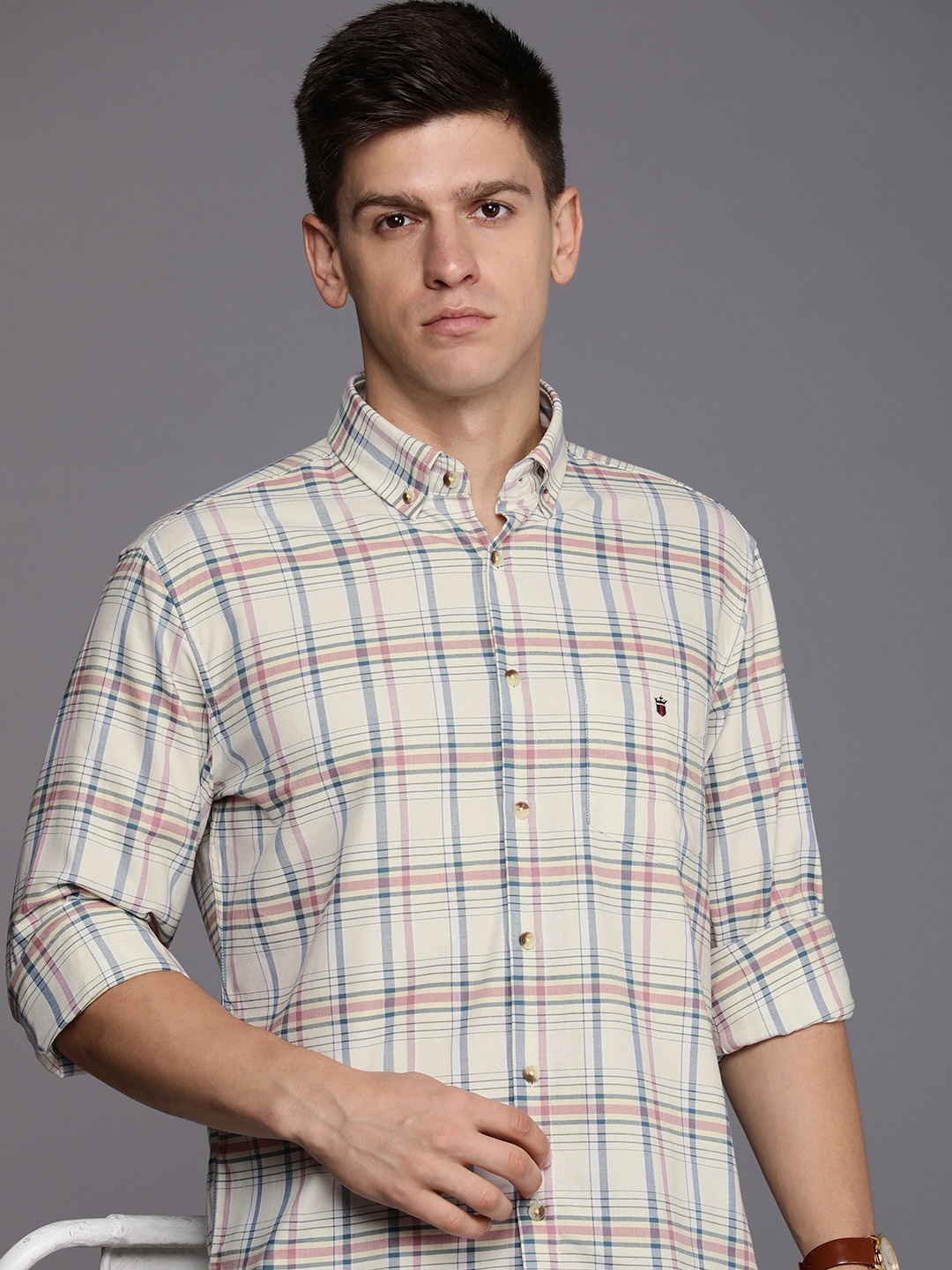 

Louis Philippe Sport Pure Cotton Slim Fit Opaque Checked Casual Shirt, Off white