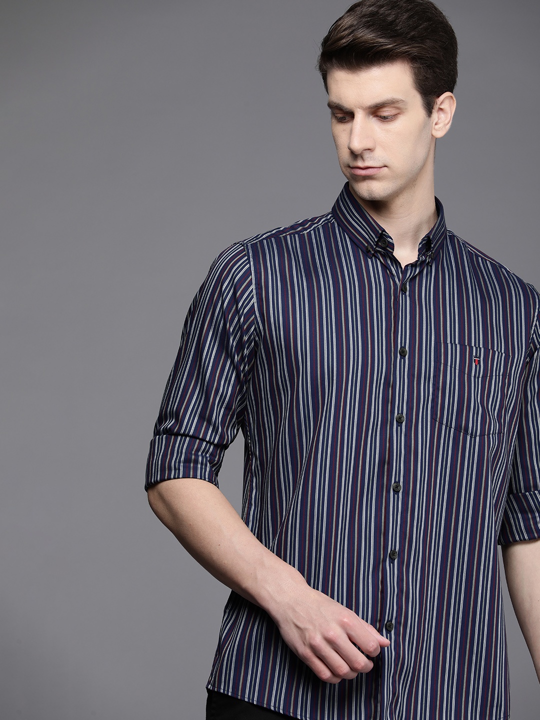 

Louis Philippe Sport Pure Cotton Slim Fit Striped Casual Shirt, Navy blue