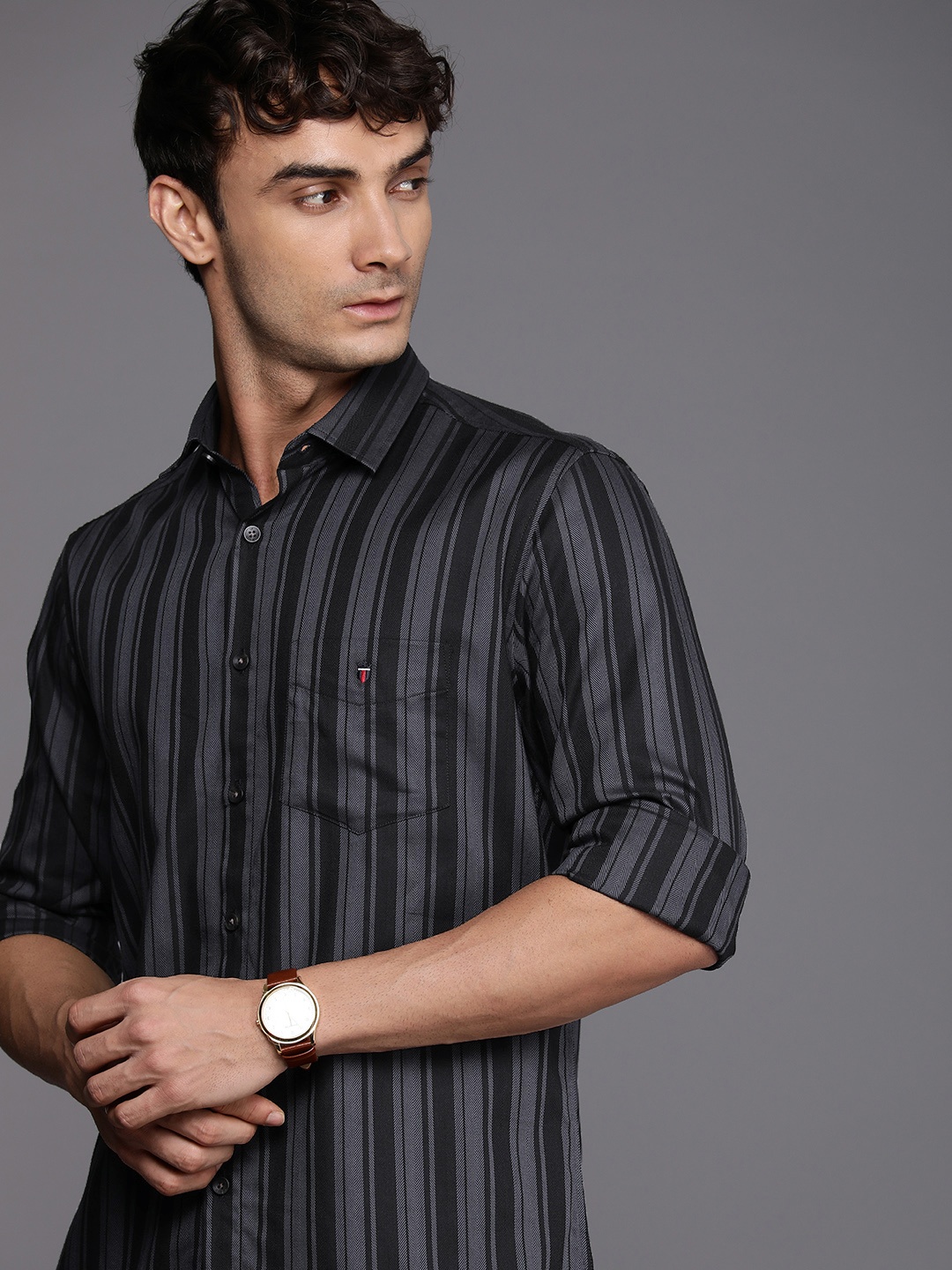 

Louis Philippe Sport Pure Cotton Slim Fit Opaque Striped Casual Shirt, Black