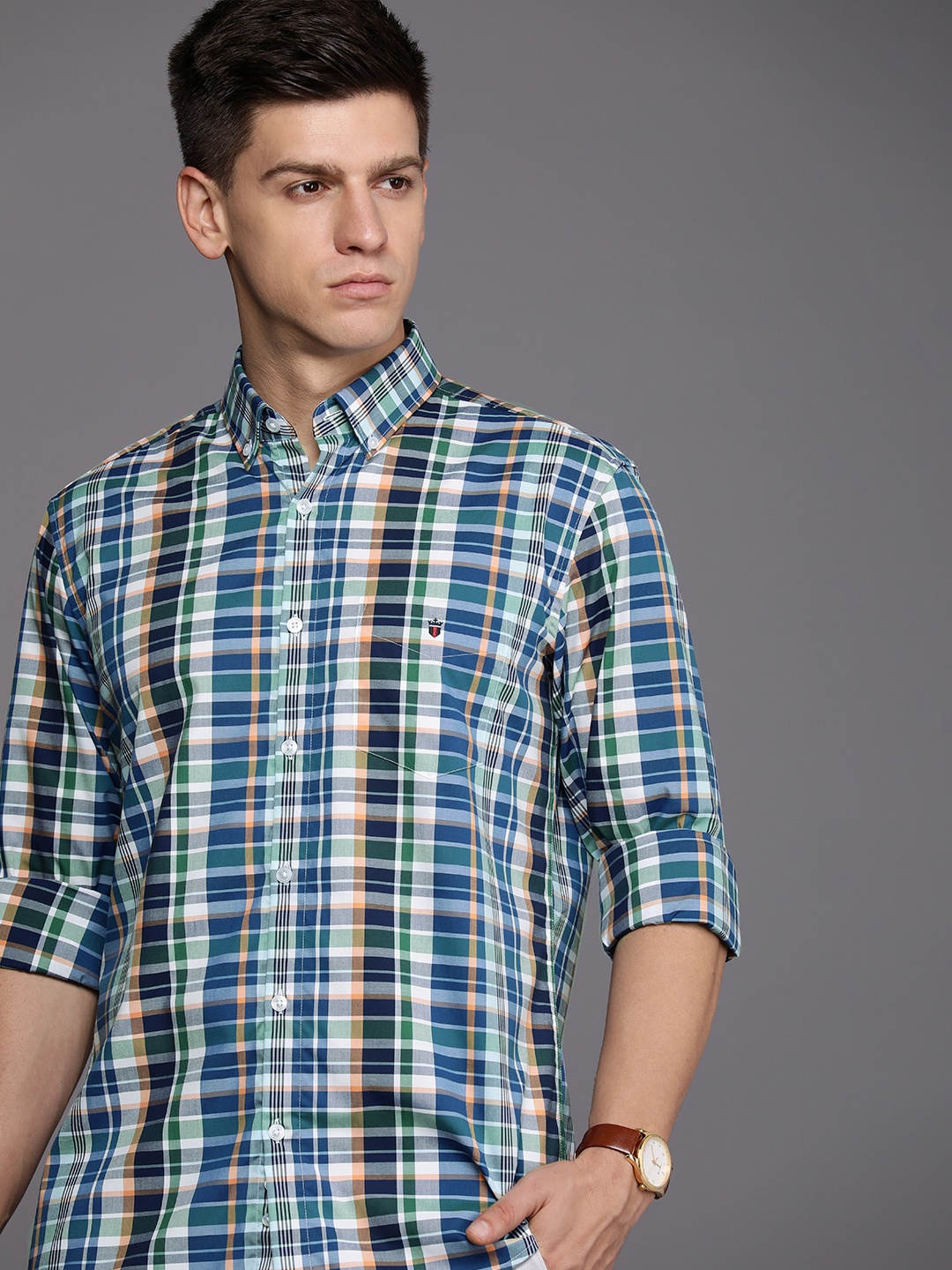 

Louis Philippe Sport Pure Cotton Slim Fit Checked Casual Shirt, Blue