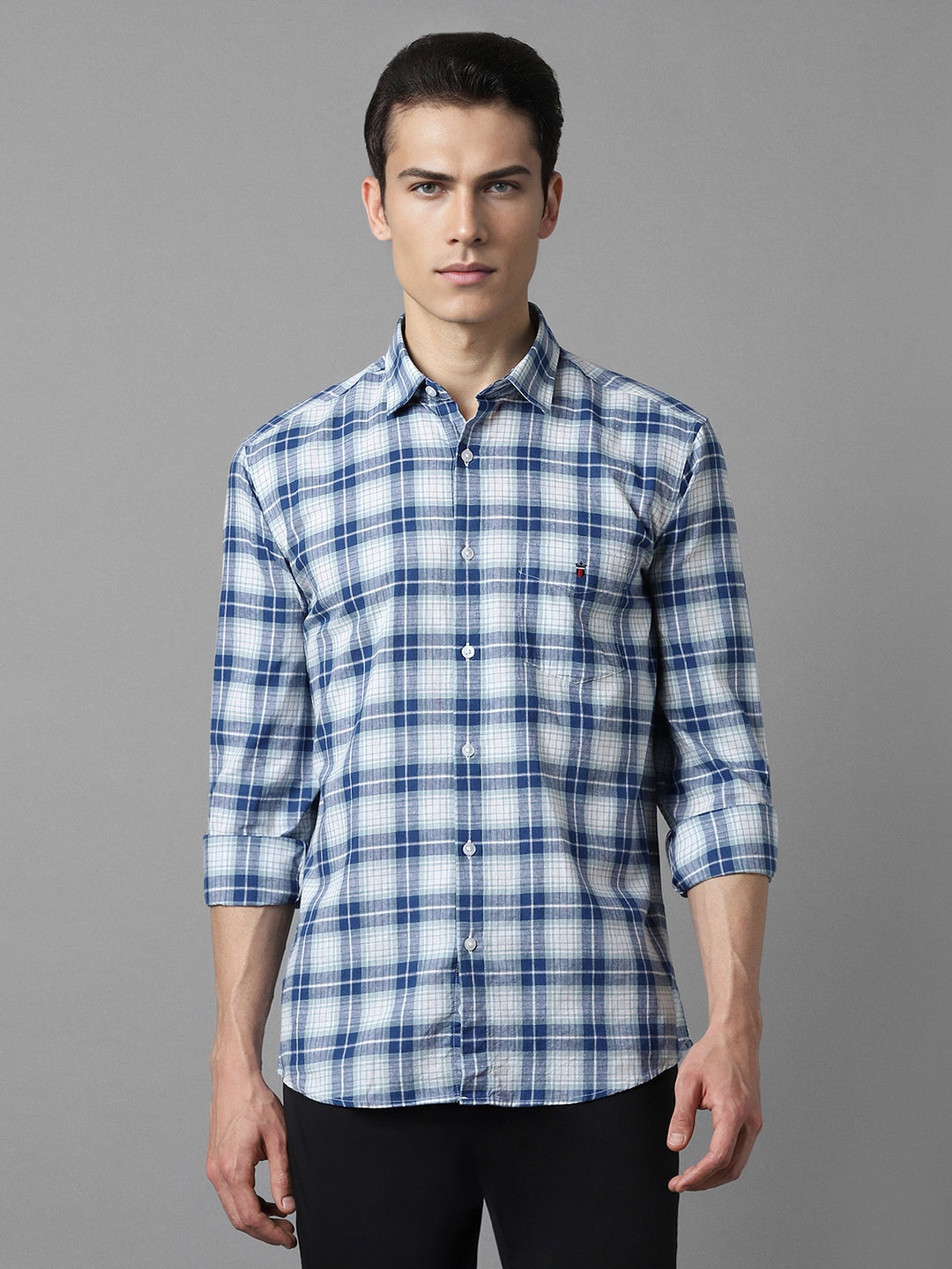

Louis Philippe Sport Slim Fit Checked Linen Cotton Casual Shirt, Blue