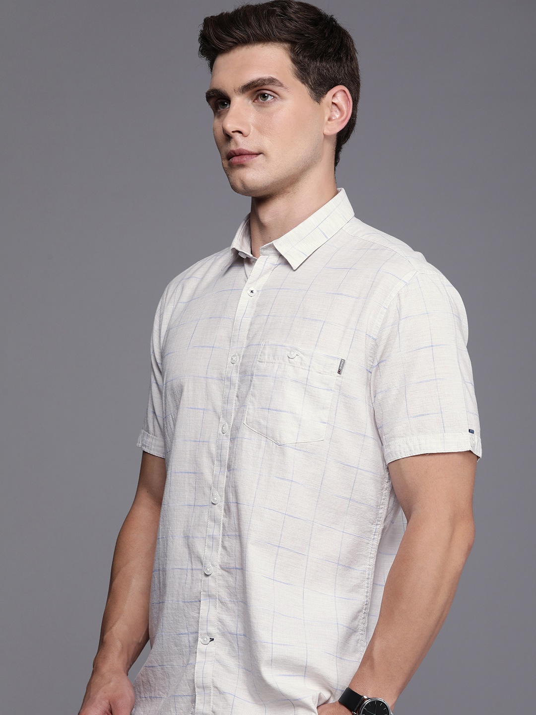 

Louis Philippe Sport Slim Fit Windowpane Checked Pure Cotton Casual Shirt, White