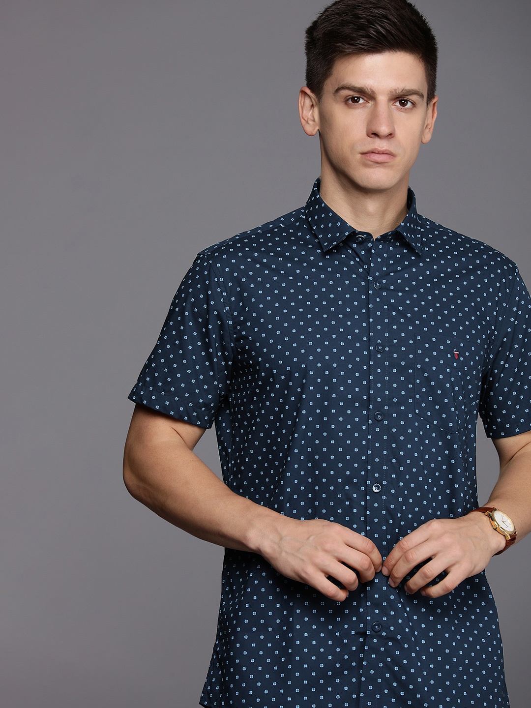 

Louis Philippe Sport Ethnic Motifs Printed Slim Fit Opaque Pure Cotton Casual Shirt, Navy blue