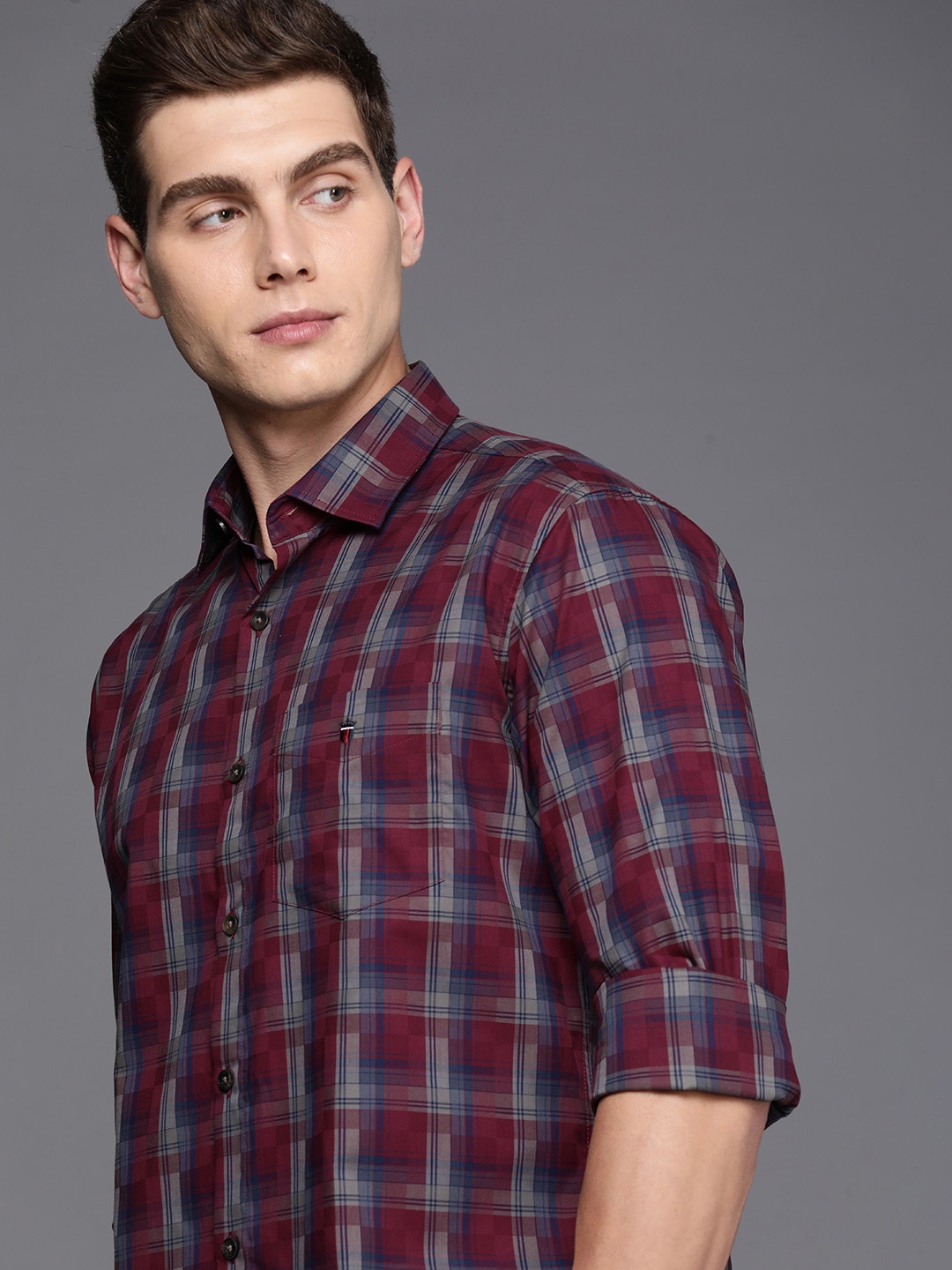 

Louis Philippe Sport Pure Cotton Slim Fit Opaque Checked Casual Shirt, Maroon