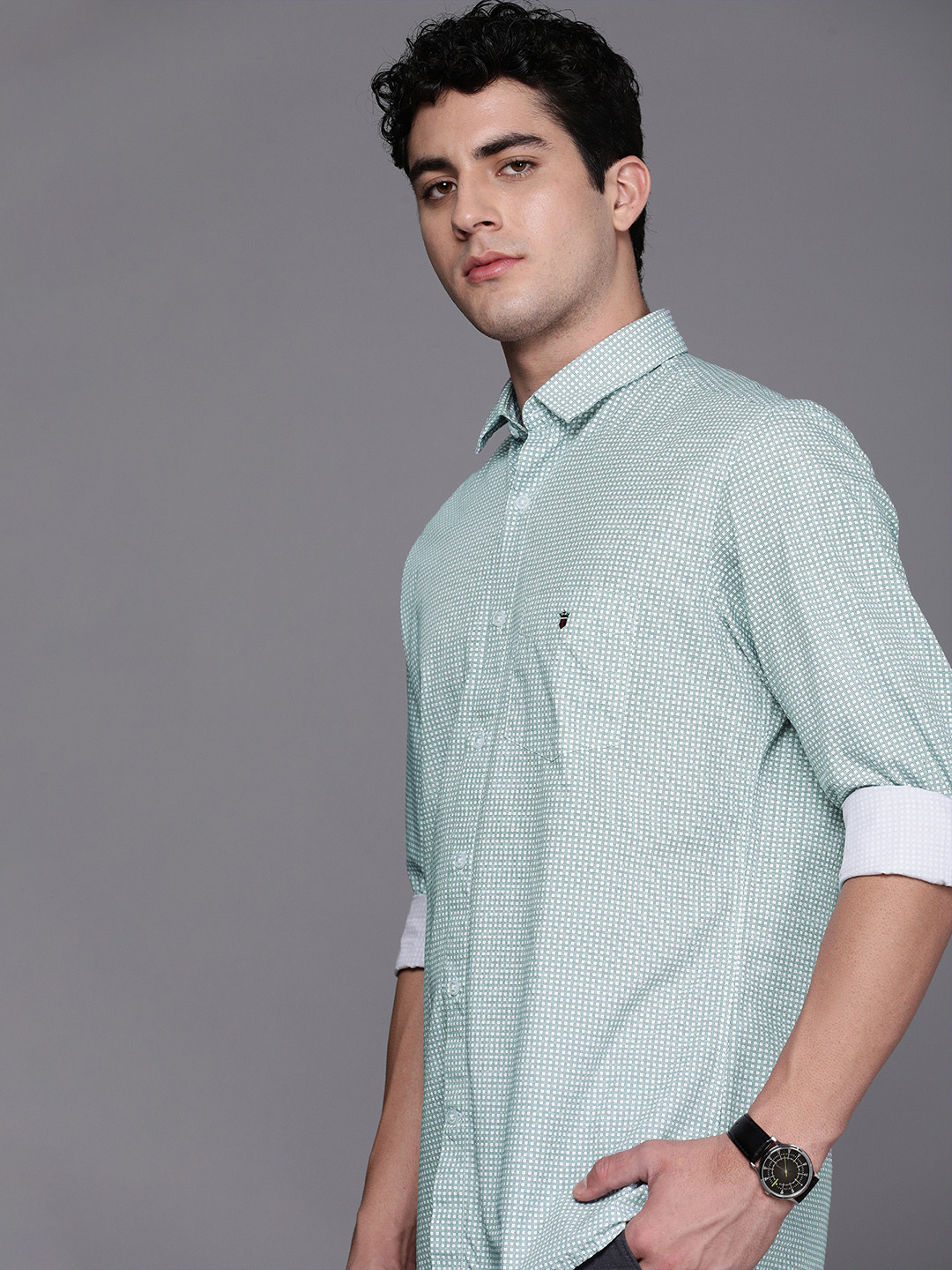 

Louis Philippe Sport Men Pure Cotton Slim Fit Micro Checks Casual Shirt, Green