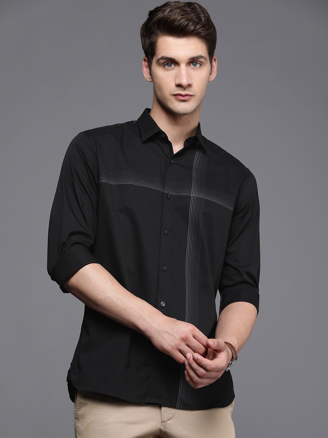 

Louis Philippe Sport Slim Fit Opaque Striped Pure Cotton Casual Shirt, Black