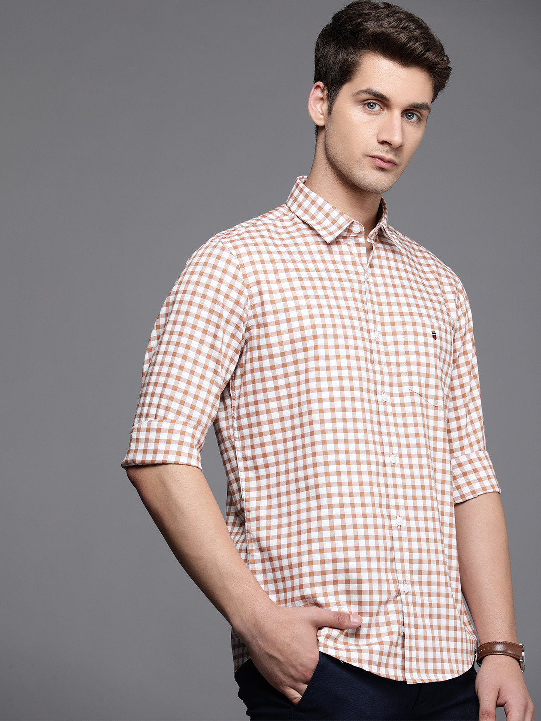 

Louis Philippe Sport Pure Cotton Slim Fit Checked Casual Shirt, Brown
