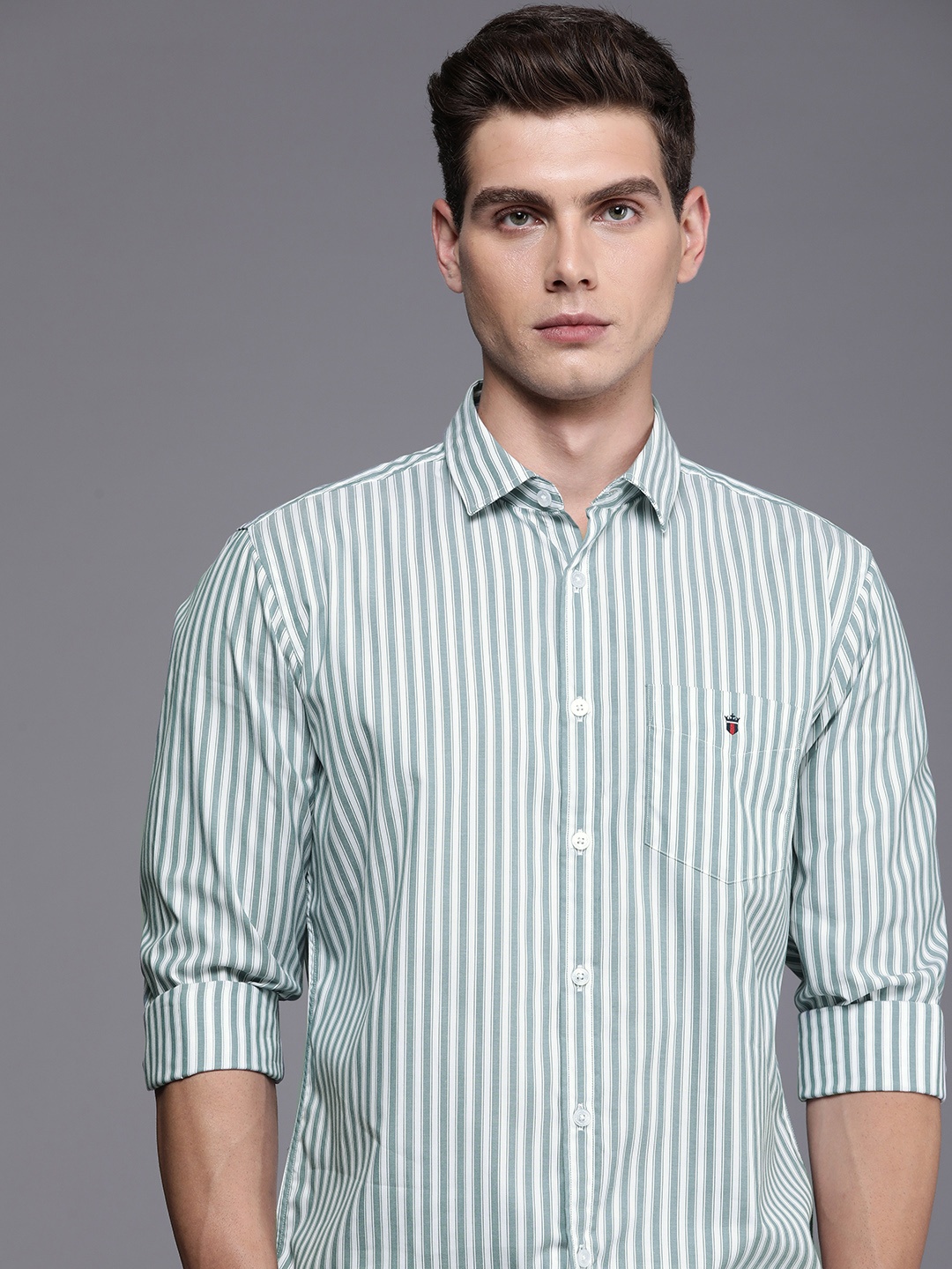 

Louis Philippe Sport Slim Fit Striped Pure Cotton Casual Shirt, Green