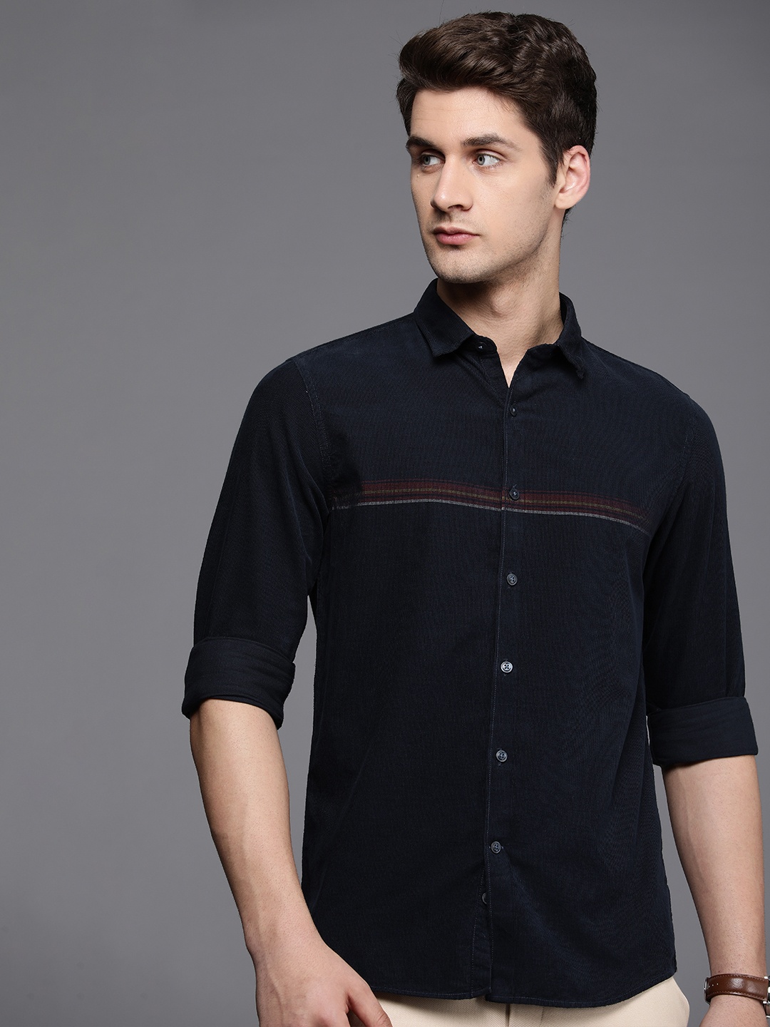 

Louis Philippe Sport Super Slim Fit Horizontal Striped Pure Cotton Corduroy Casual Shirt, Navy blue