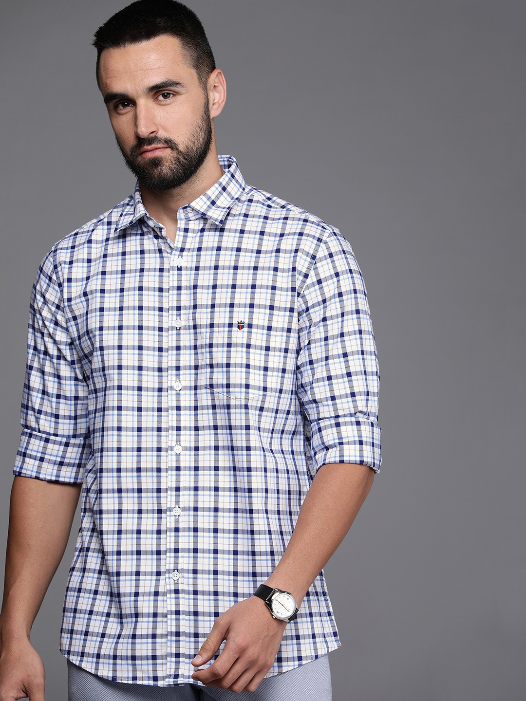 

Louis Philippe Sport Pure Cotton Slim Fit Checked Casual Shirt, Blue