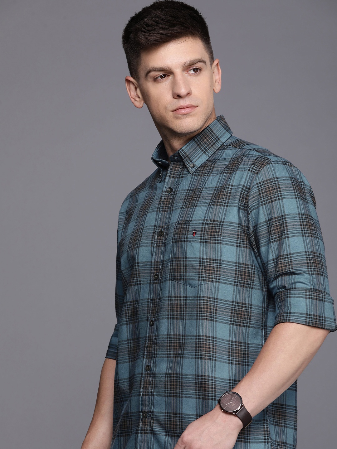 

Louis Philippe Sport Pure Cotton Slim Fit Checked Casual Shirt, Blue