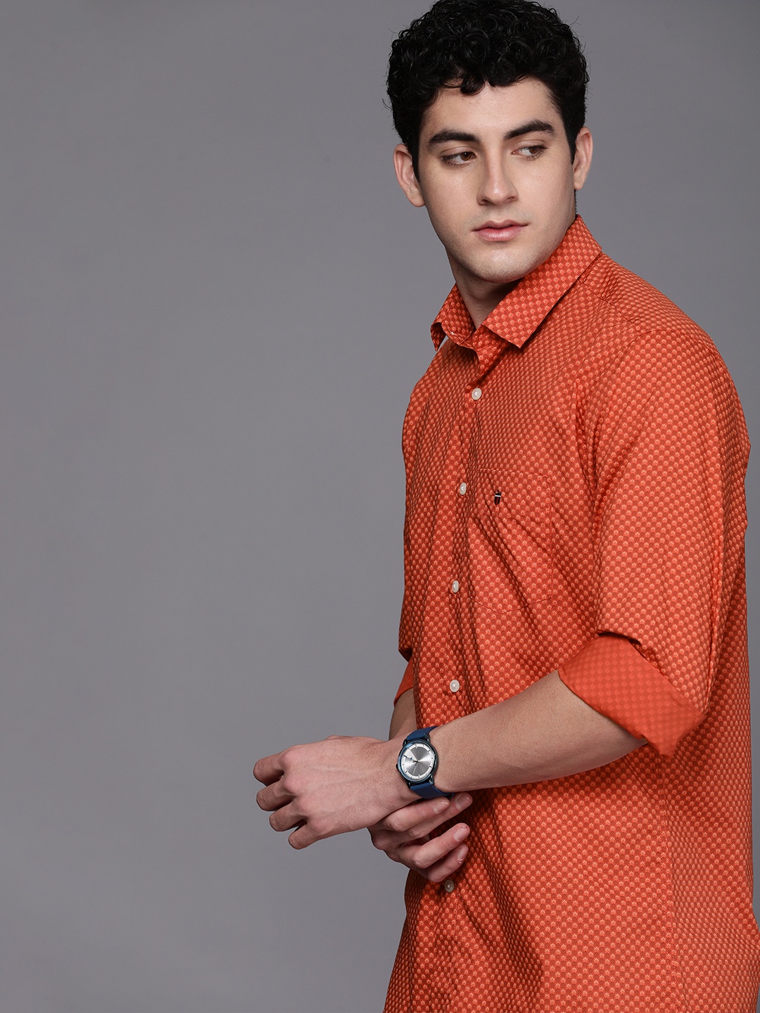 

Louis Philippe Sport Slim Fit Ethnic Motifs Printed Pure Cotton Casual Shirt, Orange