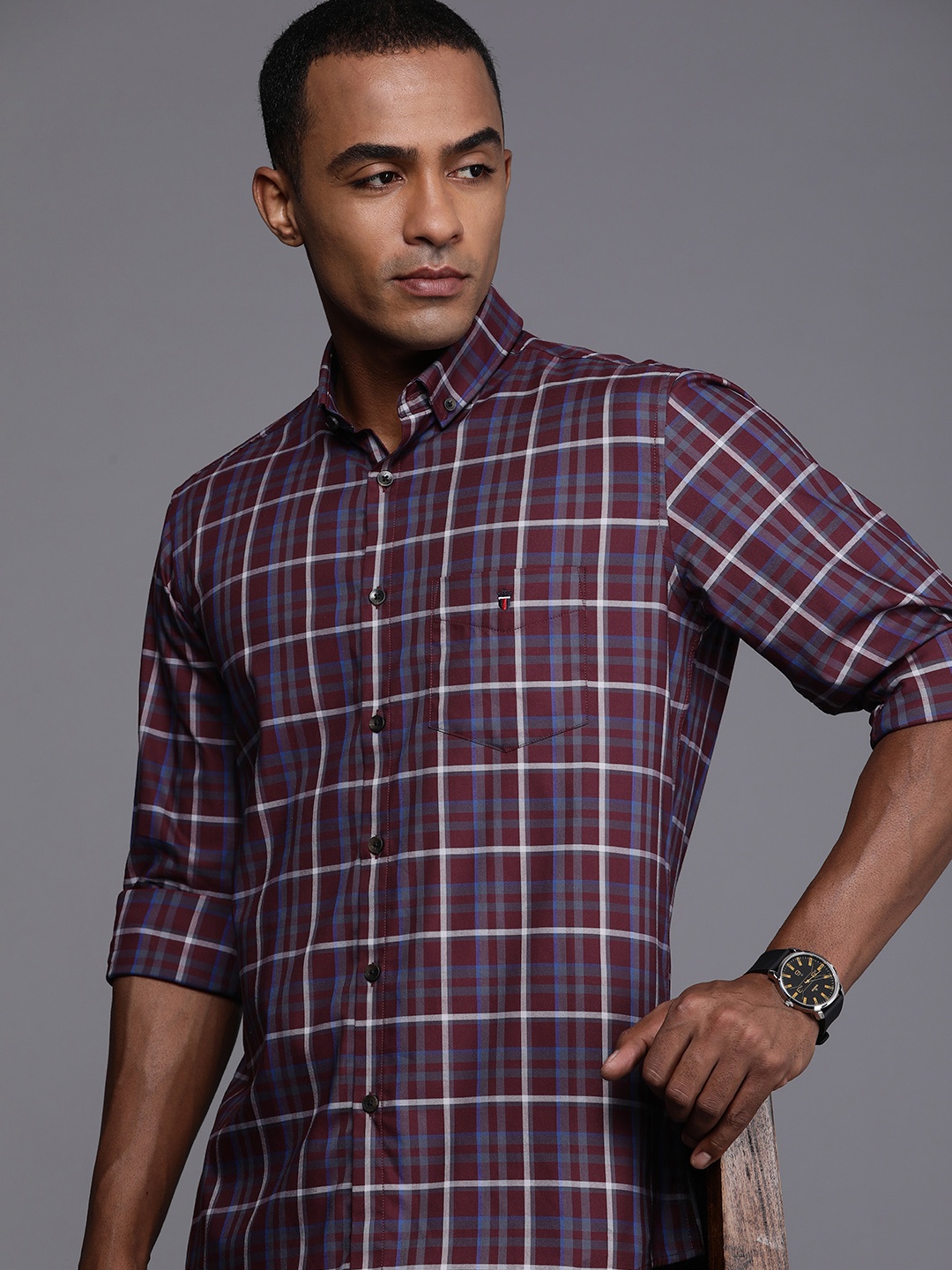

Louis Philippe Sport Men Pure Cotton Slim Fit Tartan Checks Casual Shirt, Maroon